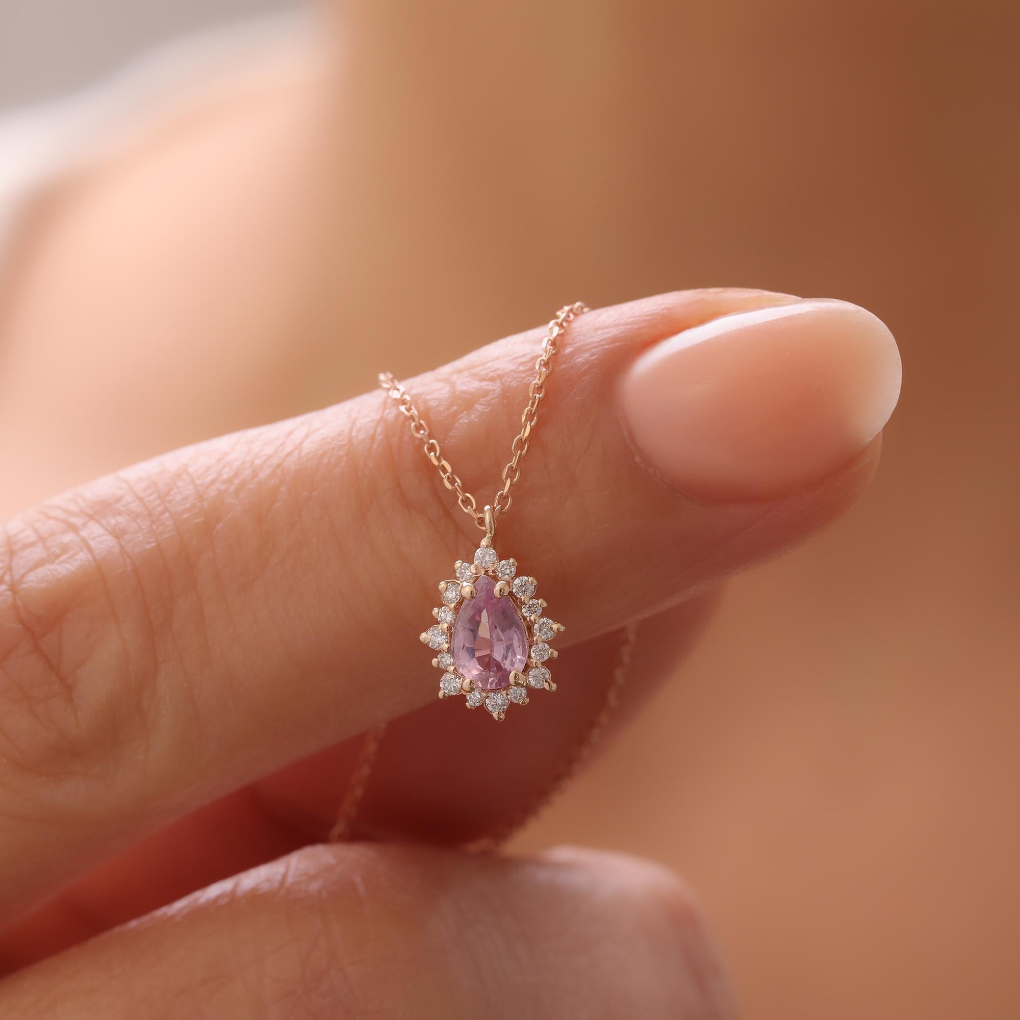 Birne Pink Saphir und Diamant Halskette (Tropfenschliff) im Angebot