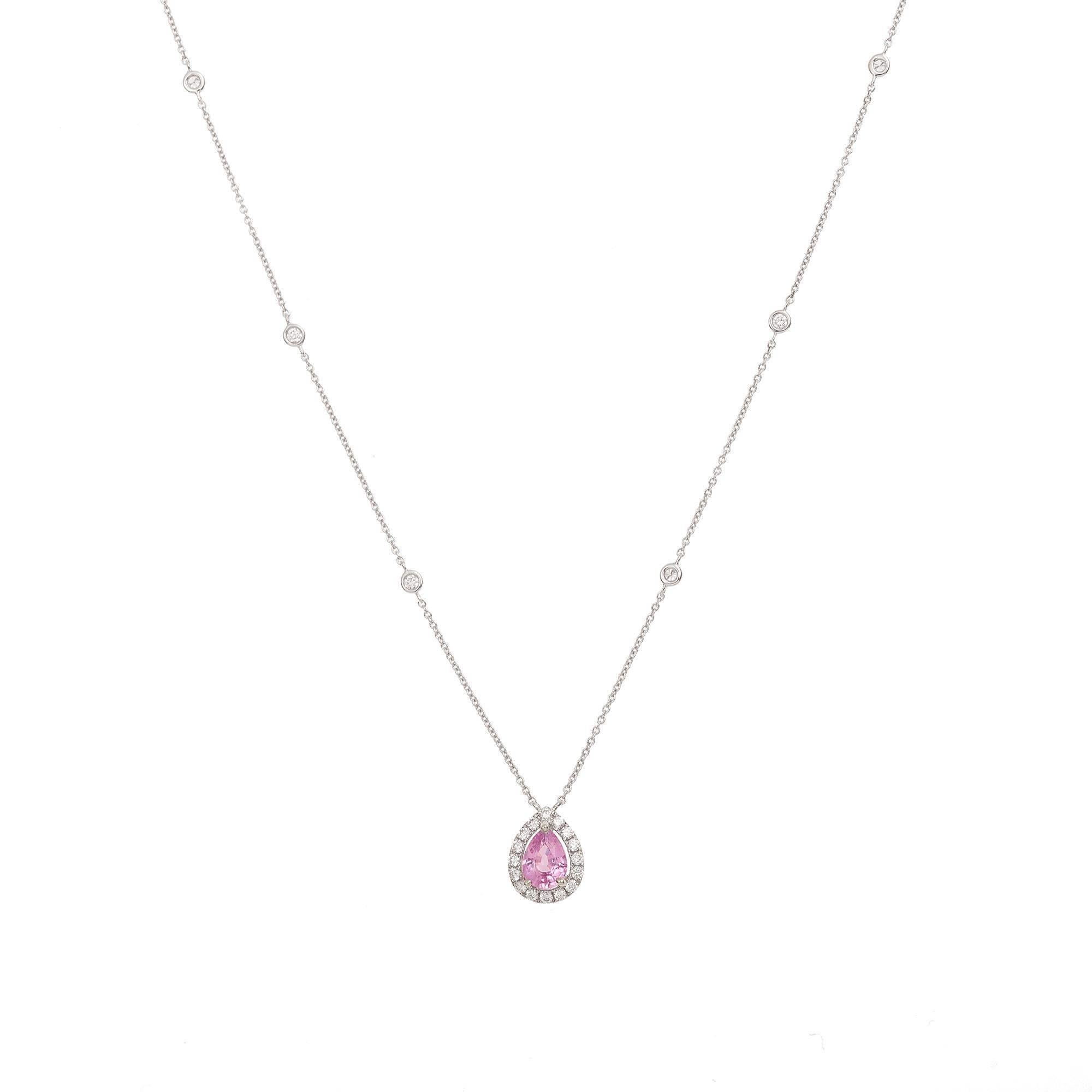 Beautiful necklace in white gold, pear shape set with diamonds and a lovely pear cut pink sapphire.

Adjustable length. 6 little closed-set diamonds adorn the chain.

Dimensions : 1.07 x 0.85 x 24 cm (0.421 x 0.334 x 9.75 inches)

Pink sapphire