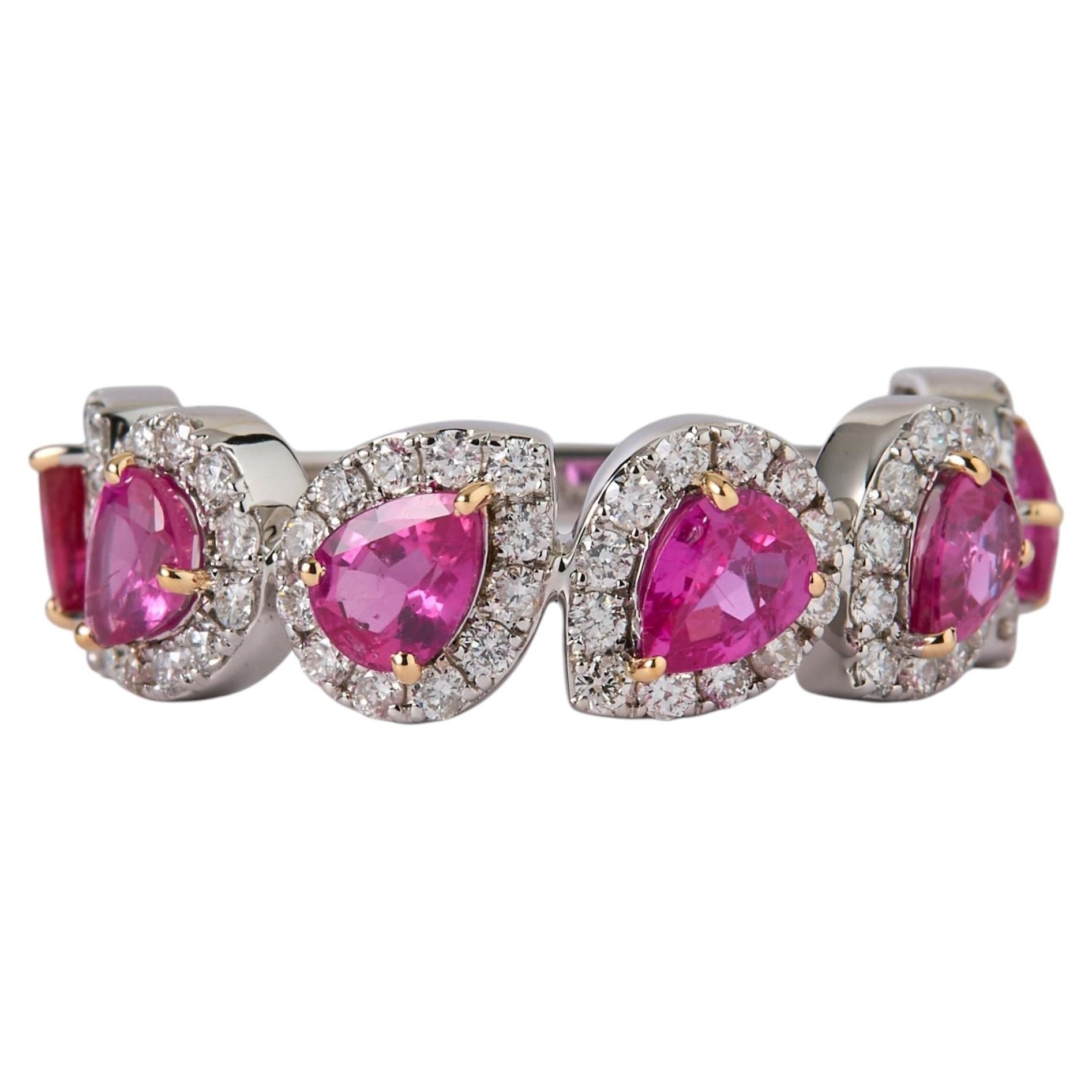 Pear Ruby Natural Diamond Eternity Ring in 14k Solid Gold (Certified)