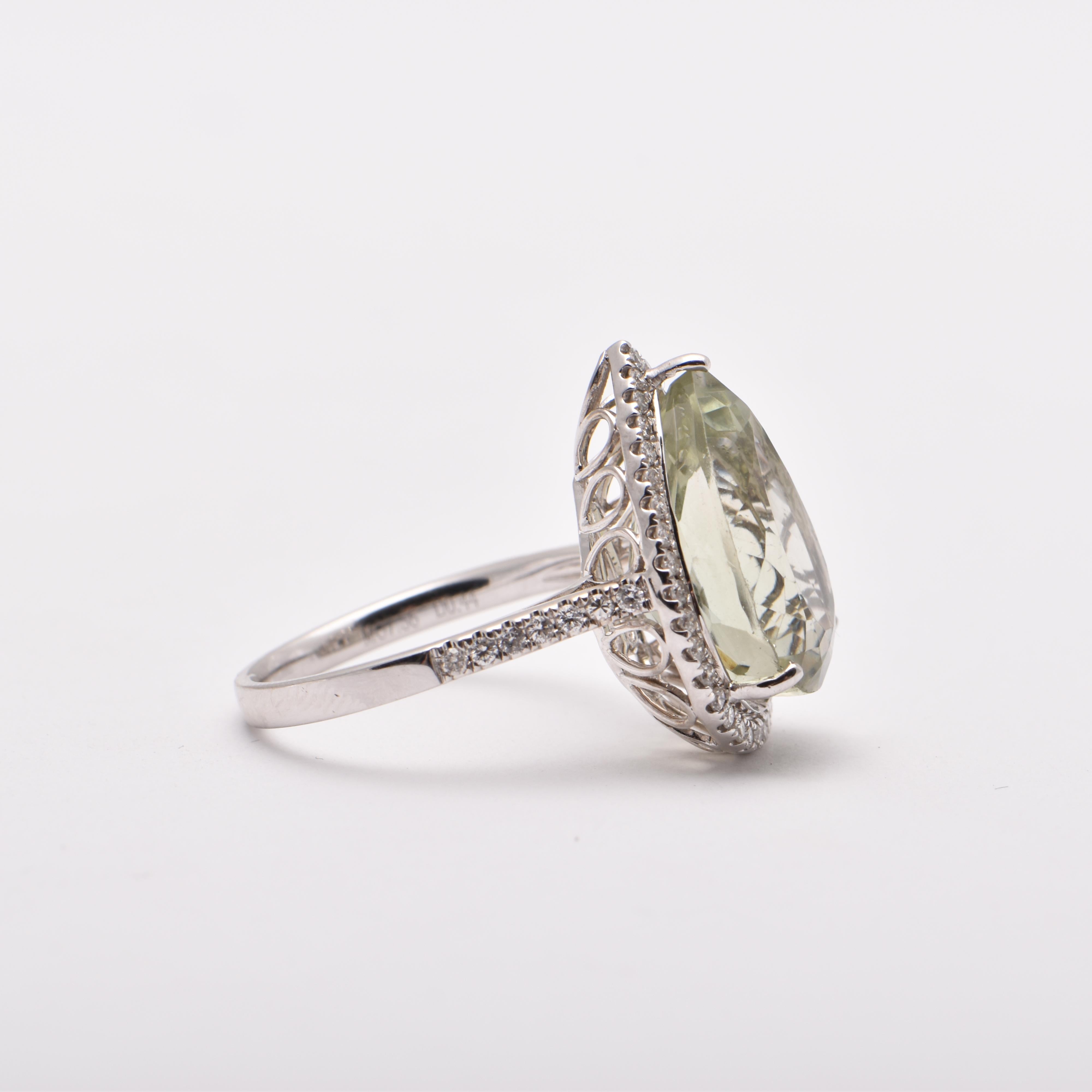 Pear Cut Pear Prasiolite and Diamond Halo Ring in 18 Carat White Gold For Sale