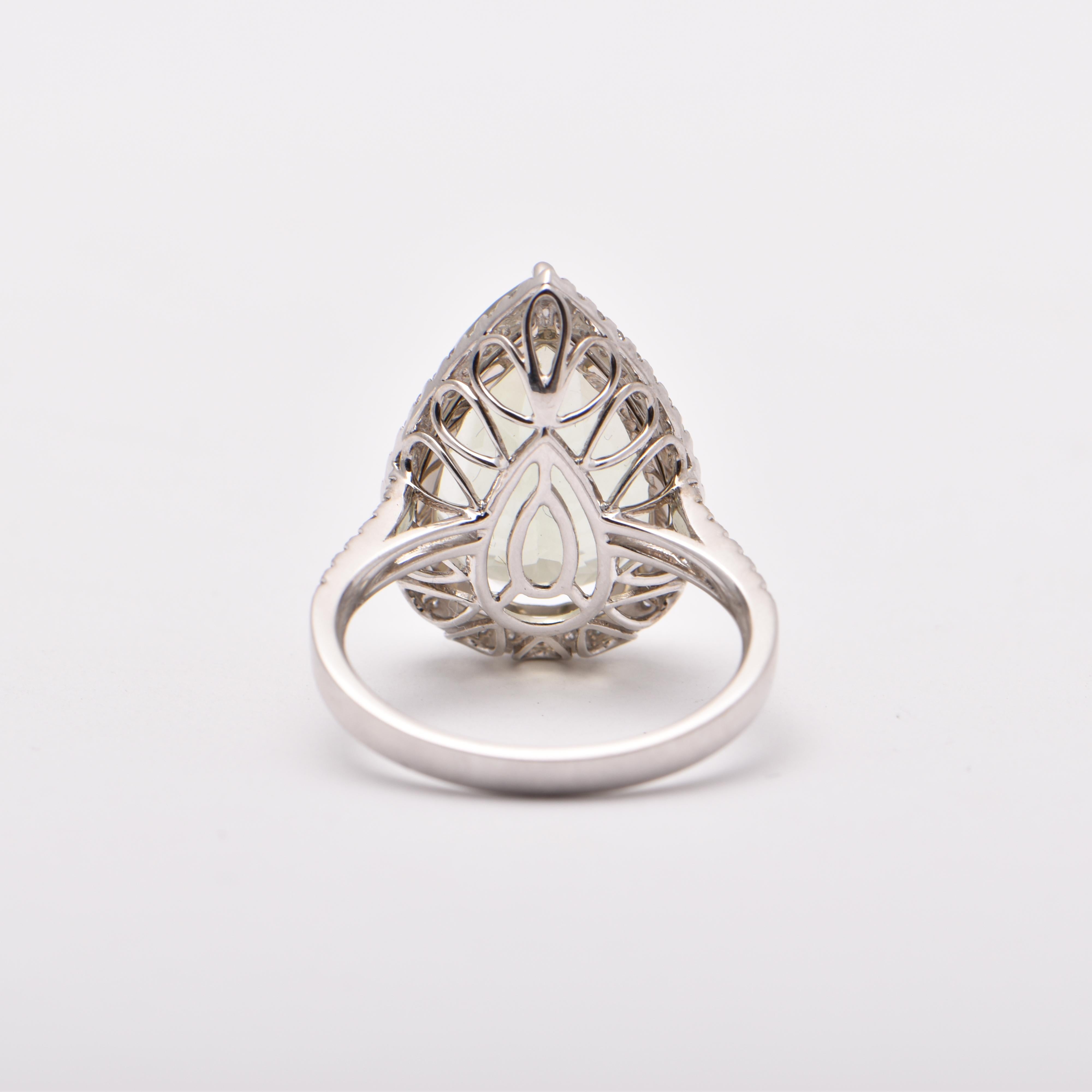 Pear Prasiolite and Diamond Halo Ring in 18 Carat White Gold In New Condition For Sale In Sydney, AU