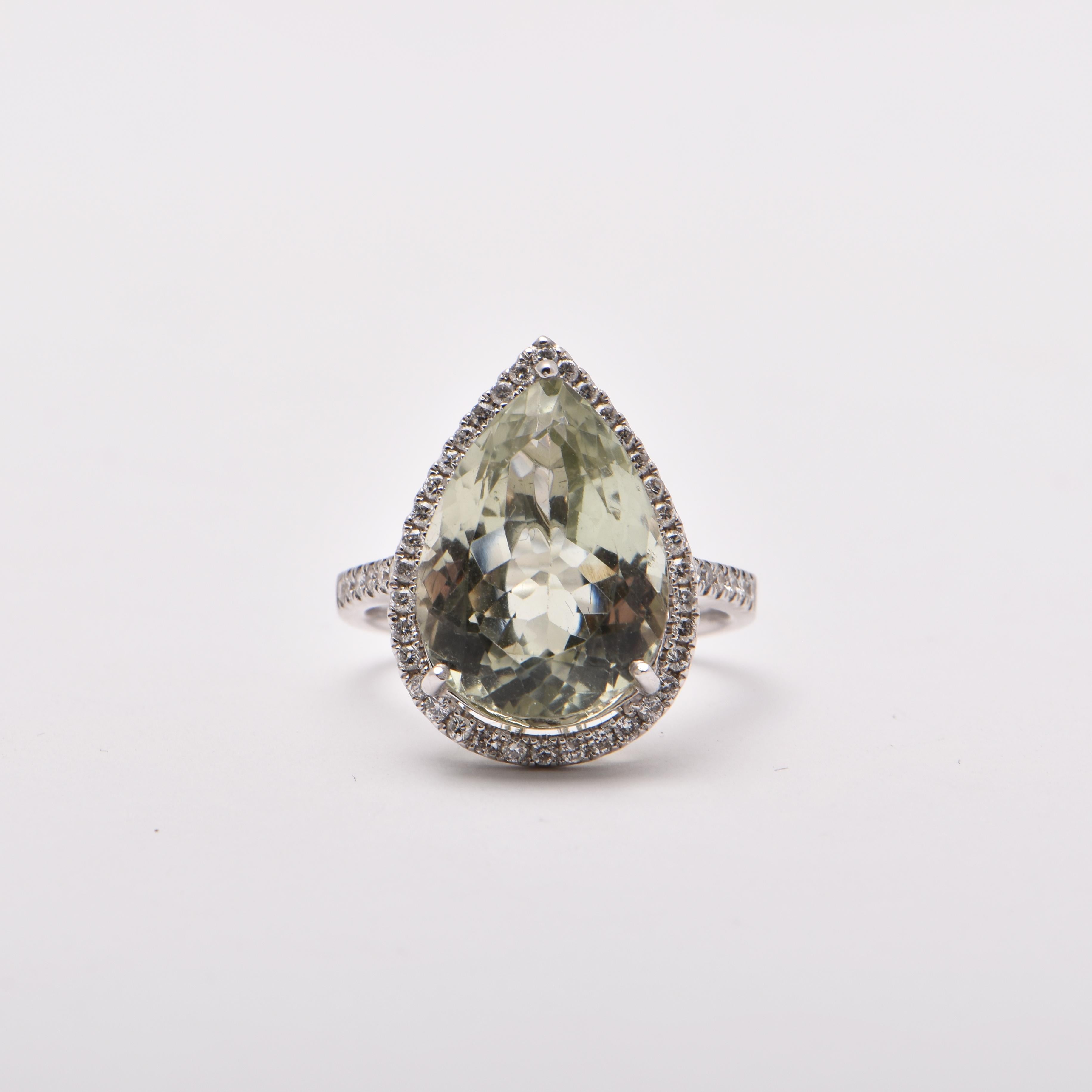 Women's Pear Prasiolite and Diamond Halo Ring in 18 Carat White Gold For Sale