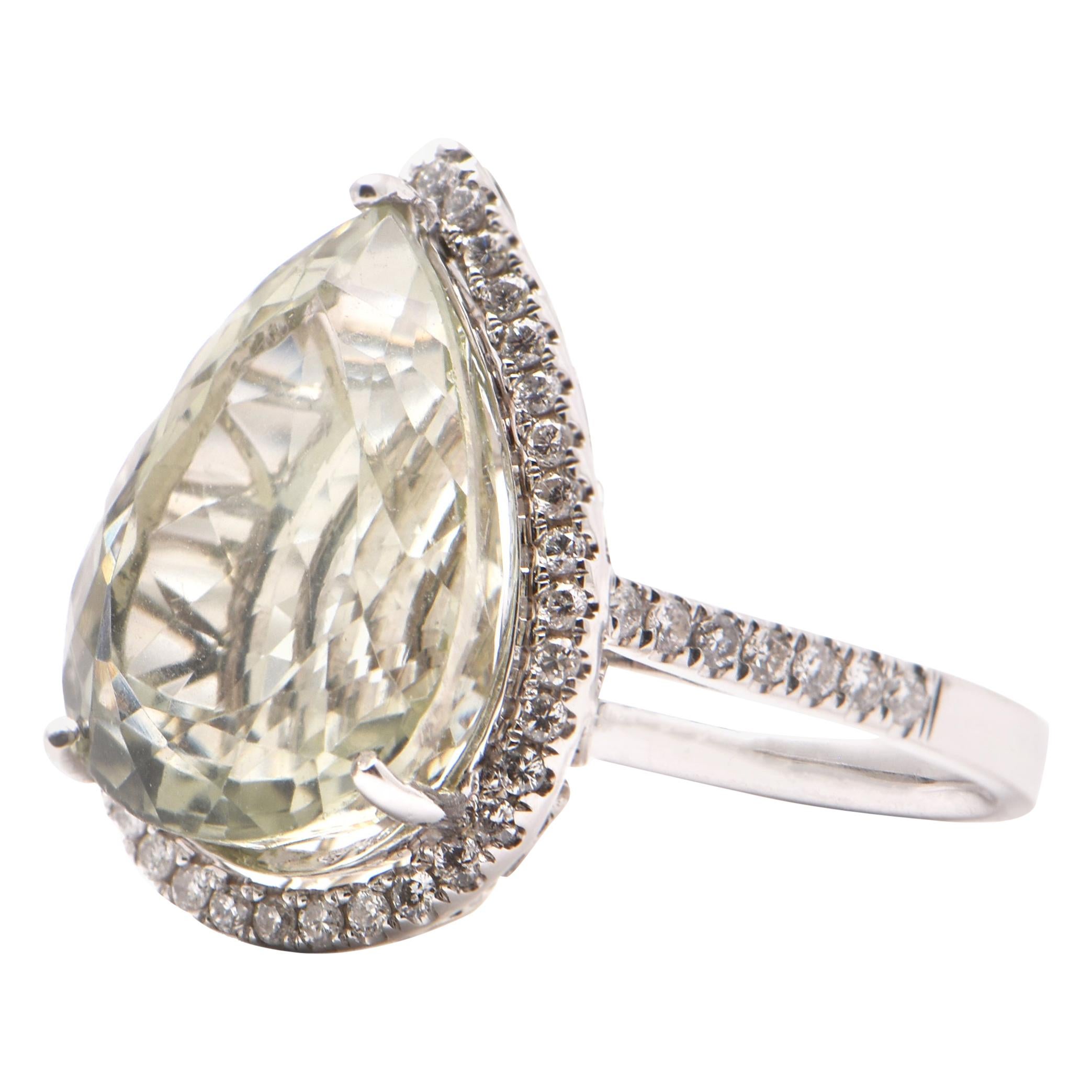 Pear Prasiolite and Diamond Halo Ring in 18 Carat White Gold For Sale