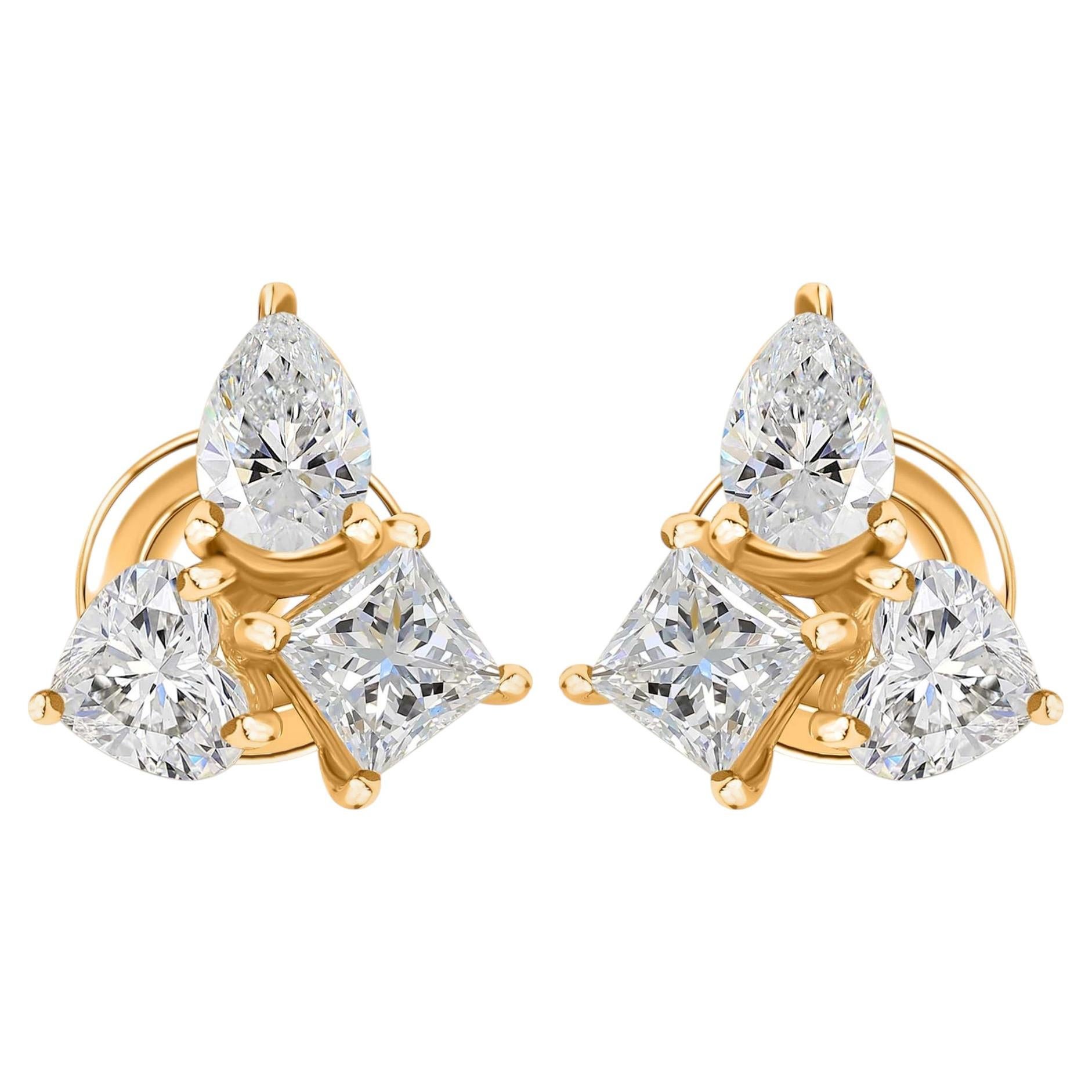 Pear Princess and Trillion Cut Natural Diamond Stud Earrings 14K Yellow Gold