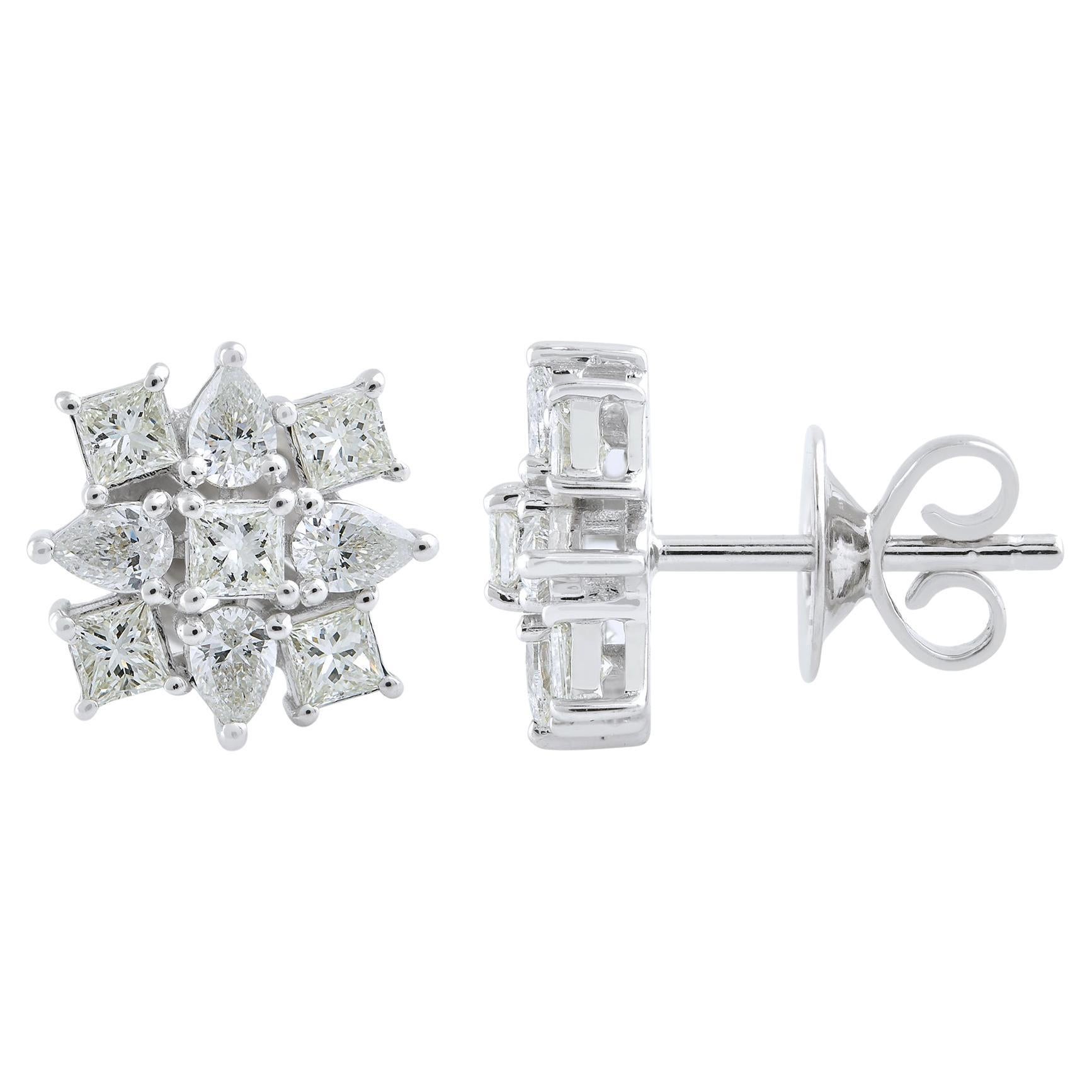 Modern Pear Princess SI/H Diamond Cluster Stud Earrings 14 Karat White Gold For Sale