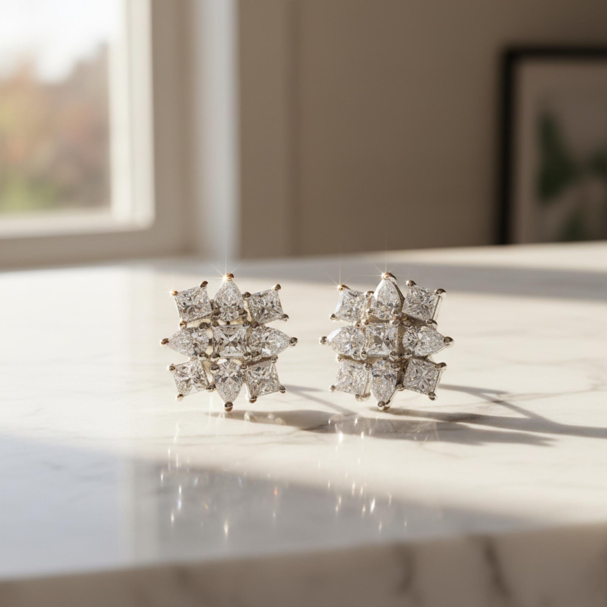 Mixed Cut Pear Princess SI/H Diamond Cluster Stud Earrings 14 Karat White Gold For Sale