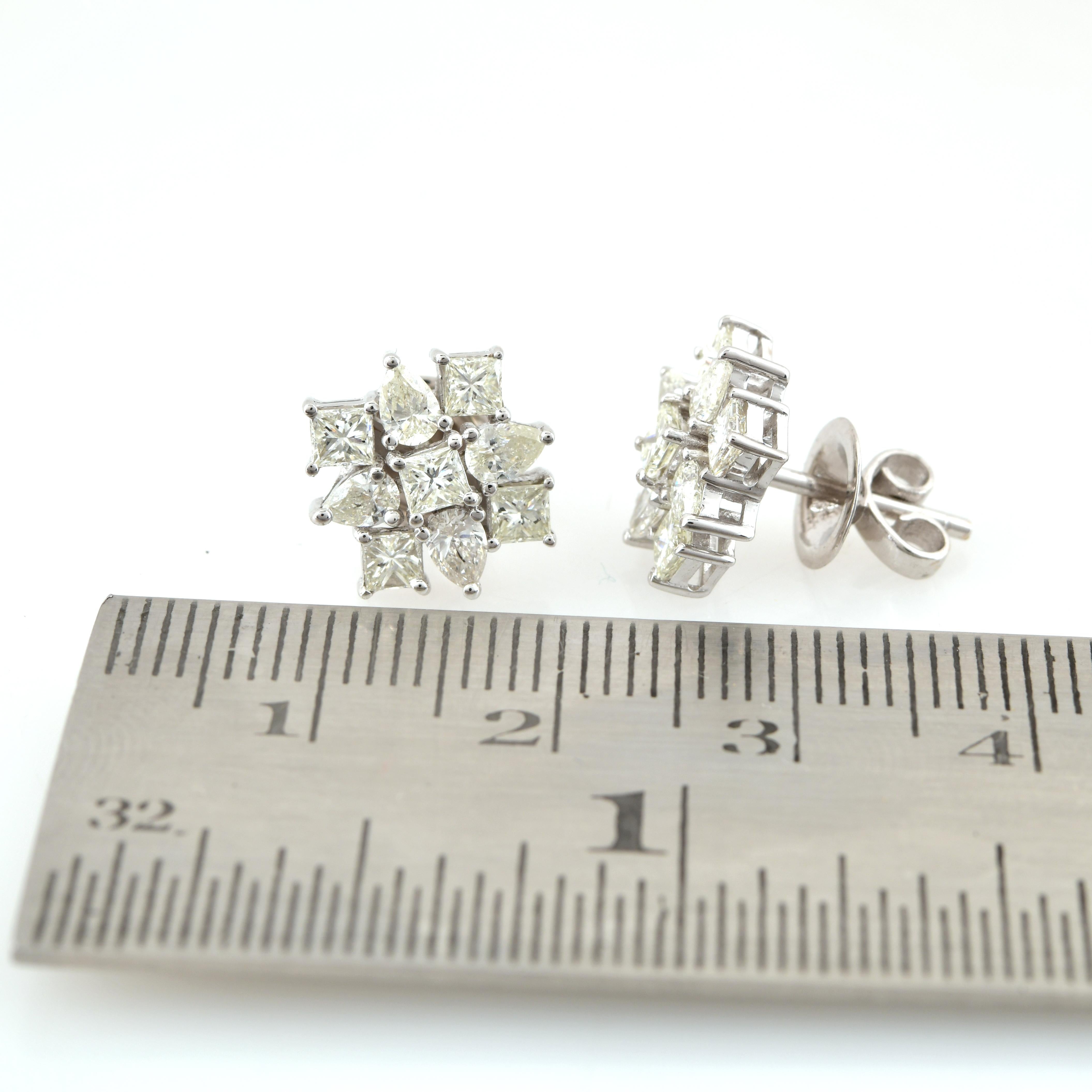 Women's Pear Princess SI/H Diamond Cluster Stud Earrings 14 Karat White Gold For Sale