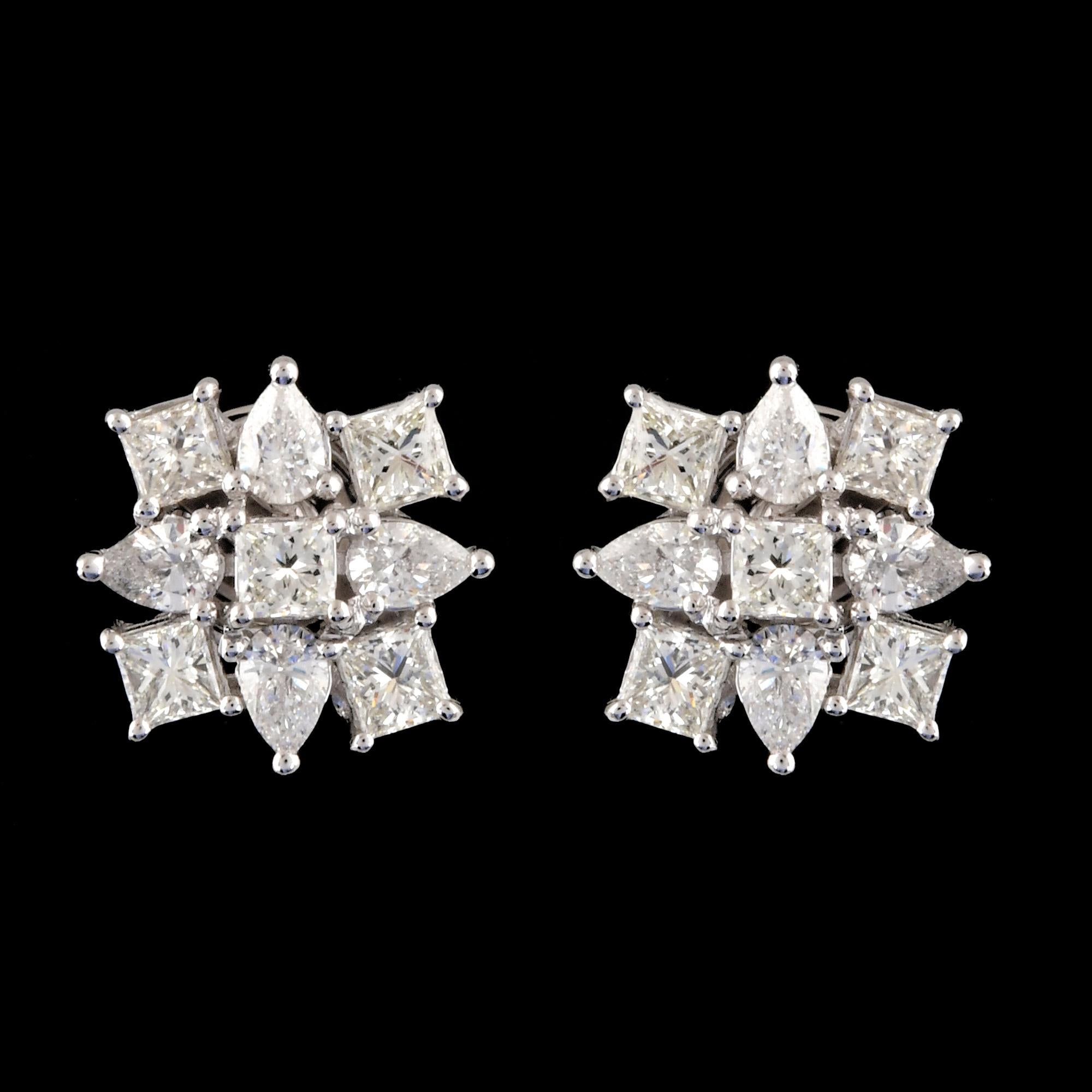 Pear Princess SI/H Diamond Cluster Stud Earrings 14 Karat White Gold For Sale 1