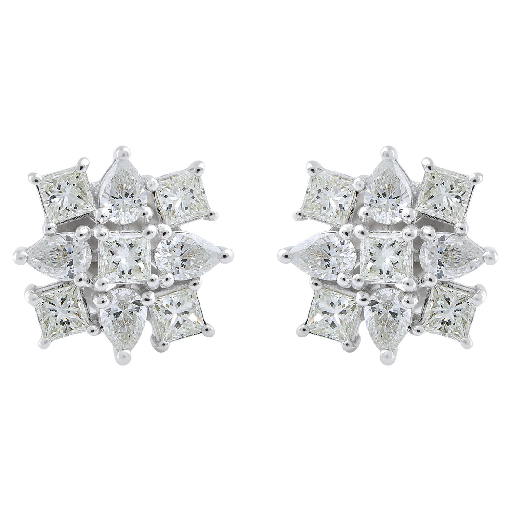 Pear Princess SI/H Diamond Cluster Stud Earrings 14 Karat White Gold For Sale