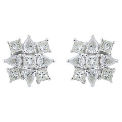 Pear Princess SI/H Diamond Cluster Stud Earrings 18 Karat White Gold