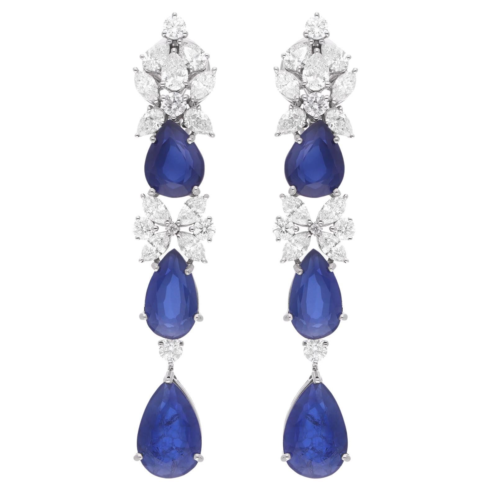 Pear Blue Gemstone Dangle Earrings Diamond 18 Karat White Gold Handmade Jewelry