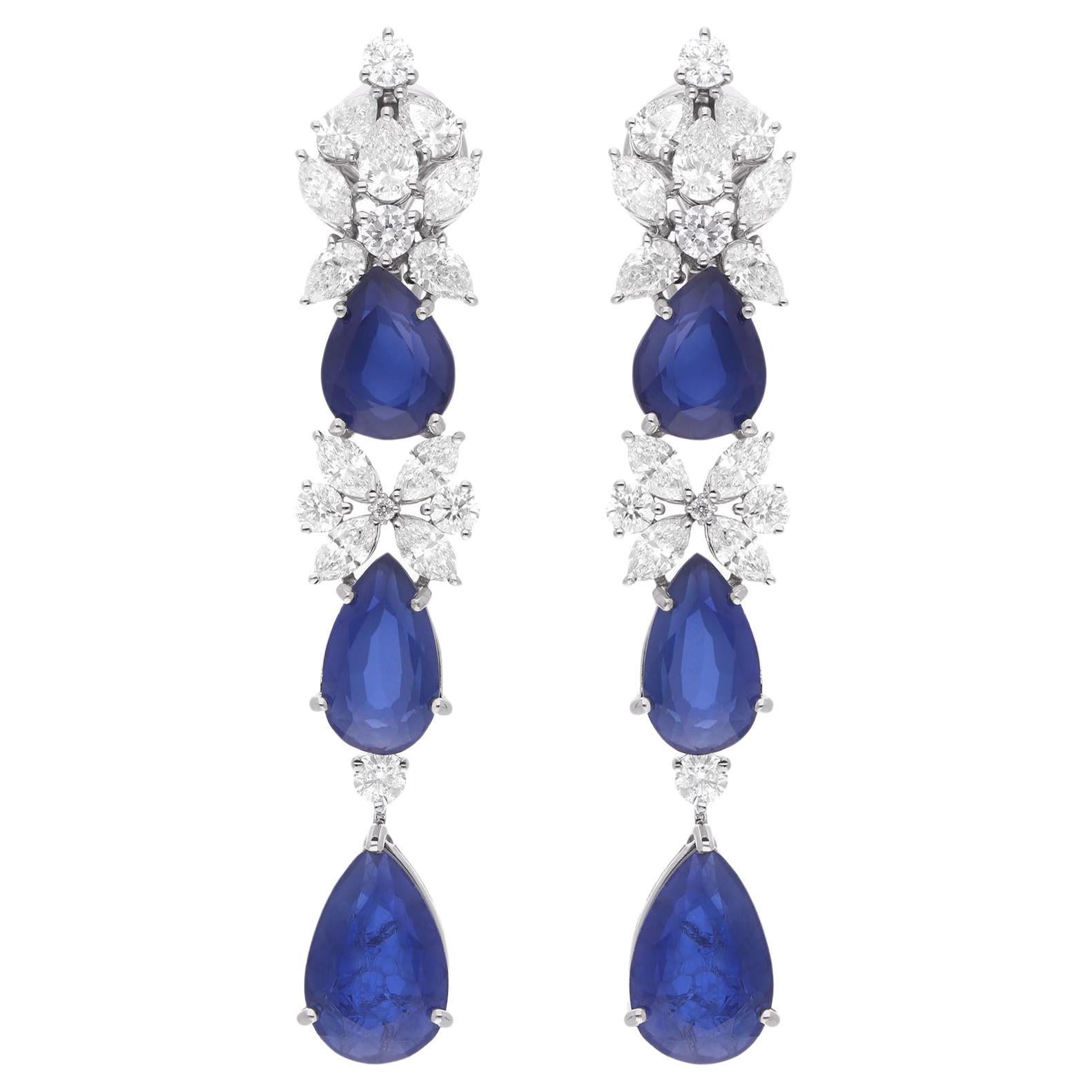 Boucles d'oreilles pendantes en or blanc 18 carats avec diamants et pierres précieuses en forme de poire