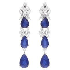 Pear Blue Gemstone Dangle Earrings Diamond 18 Karat White Gold Handmade Jewelry