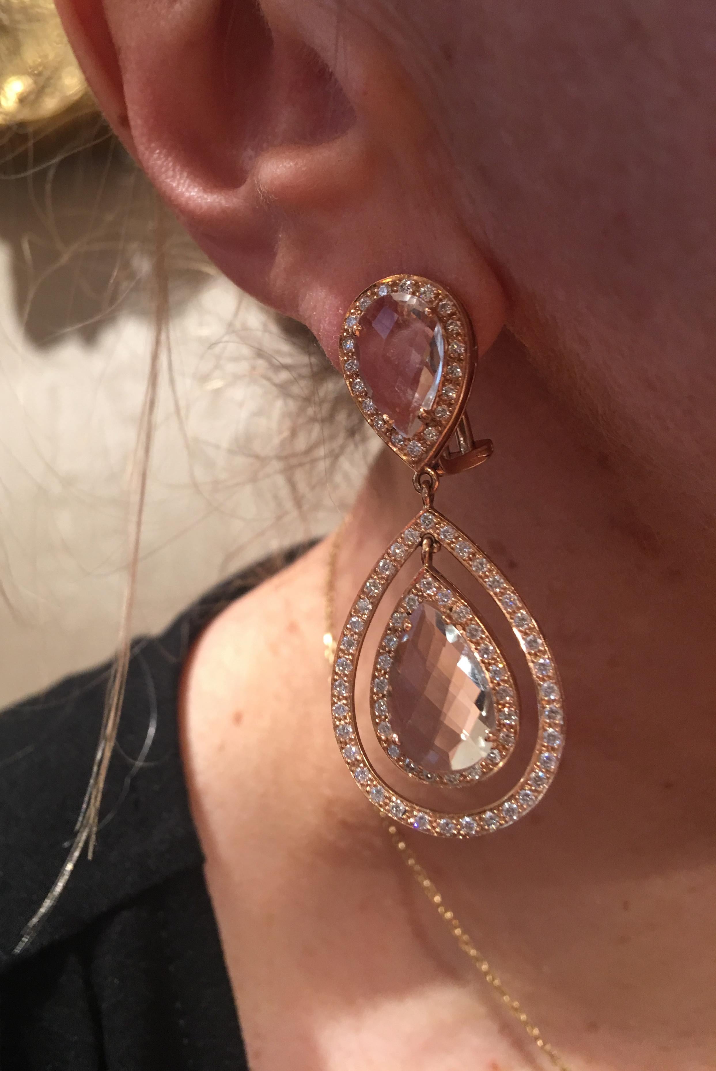 Contemporary Pear Quartz Drops and Diamonds 18 Karat Yellow Gold Earrings