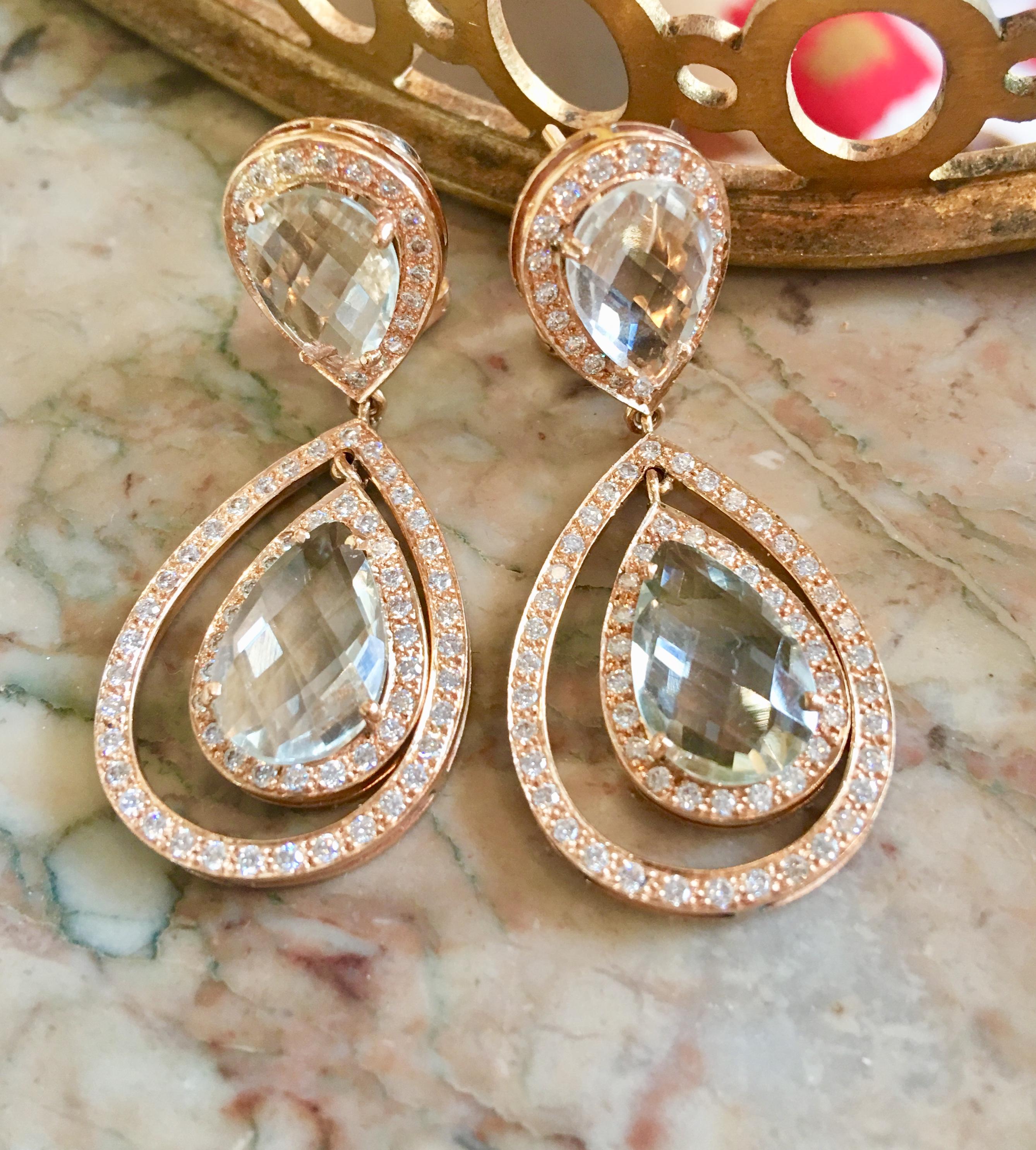 Women's Pear Quartz Drops and Diamonds 18 Karat Yellow Gold Earrings