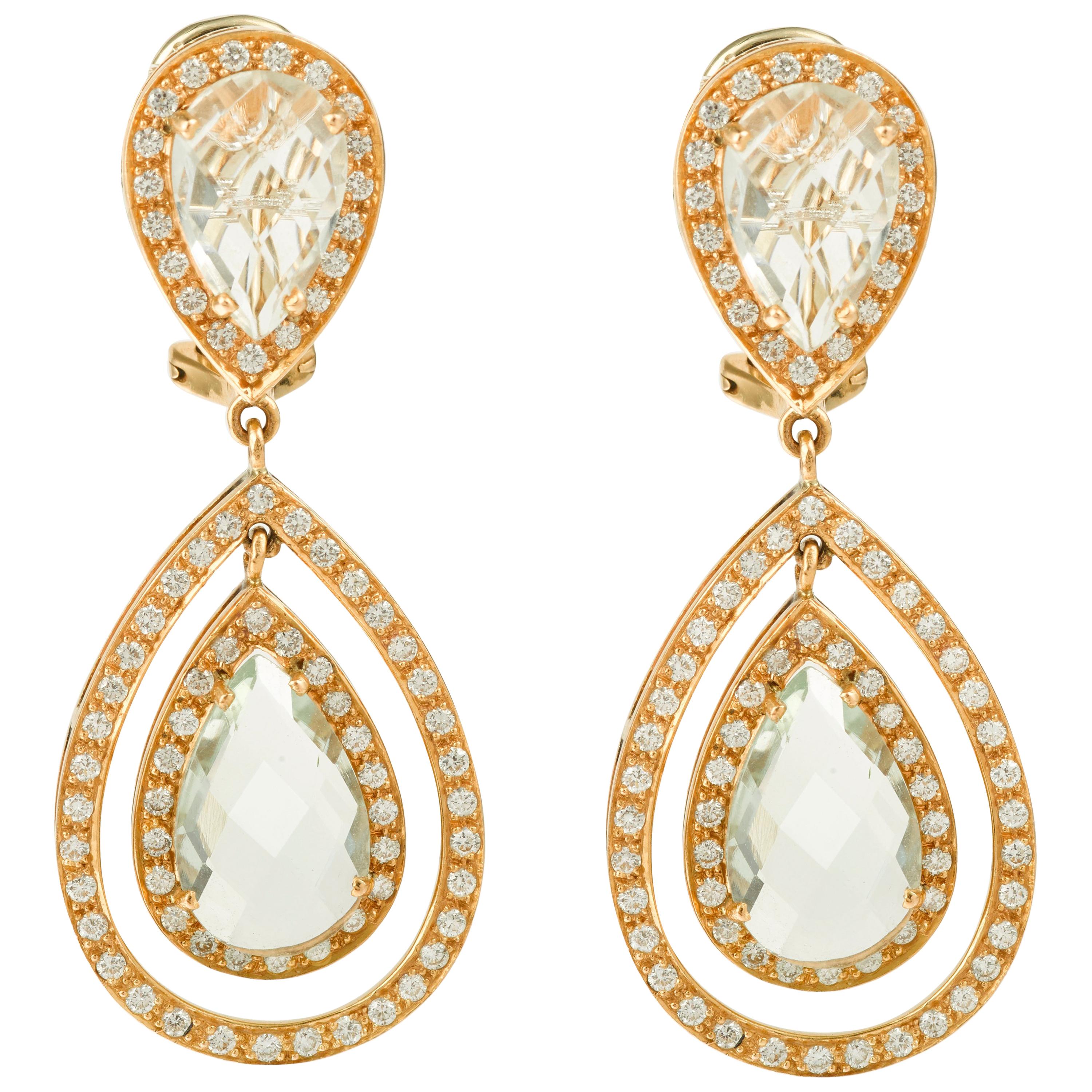 Pear Quartz Drops and Diamonds 18 Karat Yellow Gold Earrings