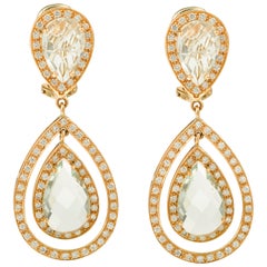 Pear Quartz Drops and Diamonds 18 Karat Yellow Gold Earrings