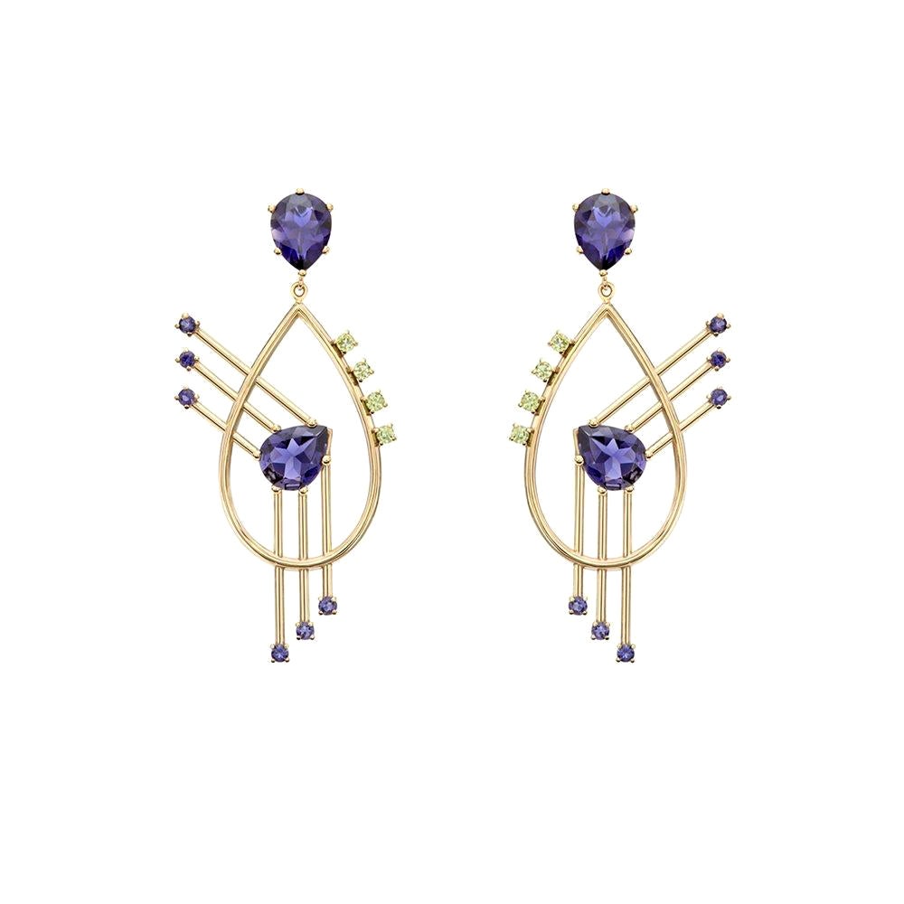 Boucles d'oreilles en forme de poire radiale en or jaune 18 carats avec péridots et iolites très fines