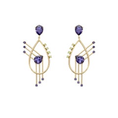 Pear Radial Shape Earrings in 18kt Yellow Gold with Very Peri Iolite and Peridot
