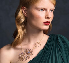 Pear Radial Shaped Necklace in 18Kt Yellow Gold with Iolites and Diamonds Stones