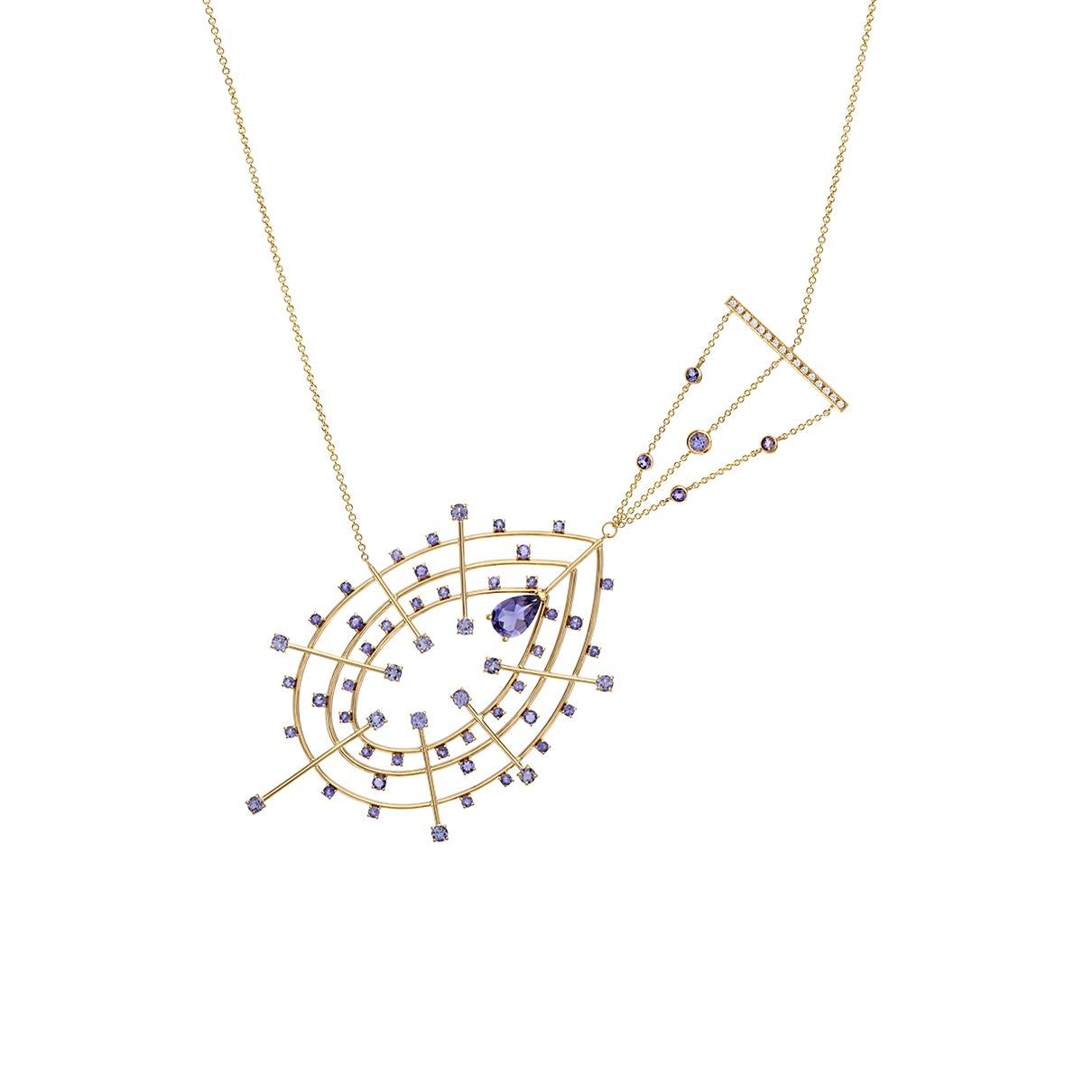 Contemporary Pear Radial Shaped Necklace in 18Kt Yellow Gold with Iolites and Diamonds Stones For Sale