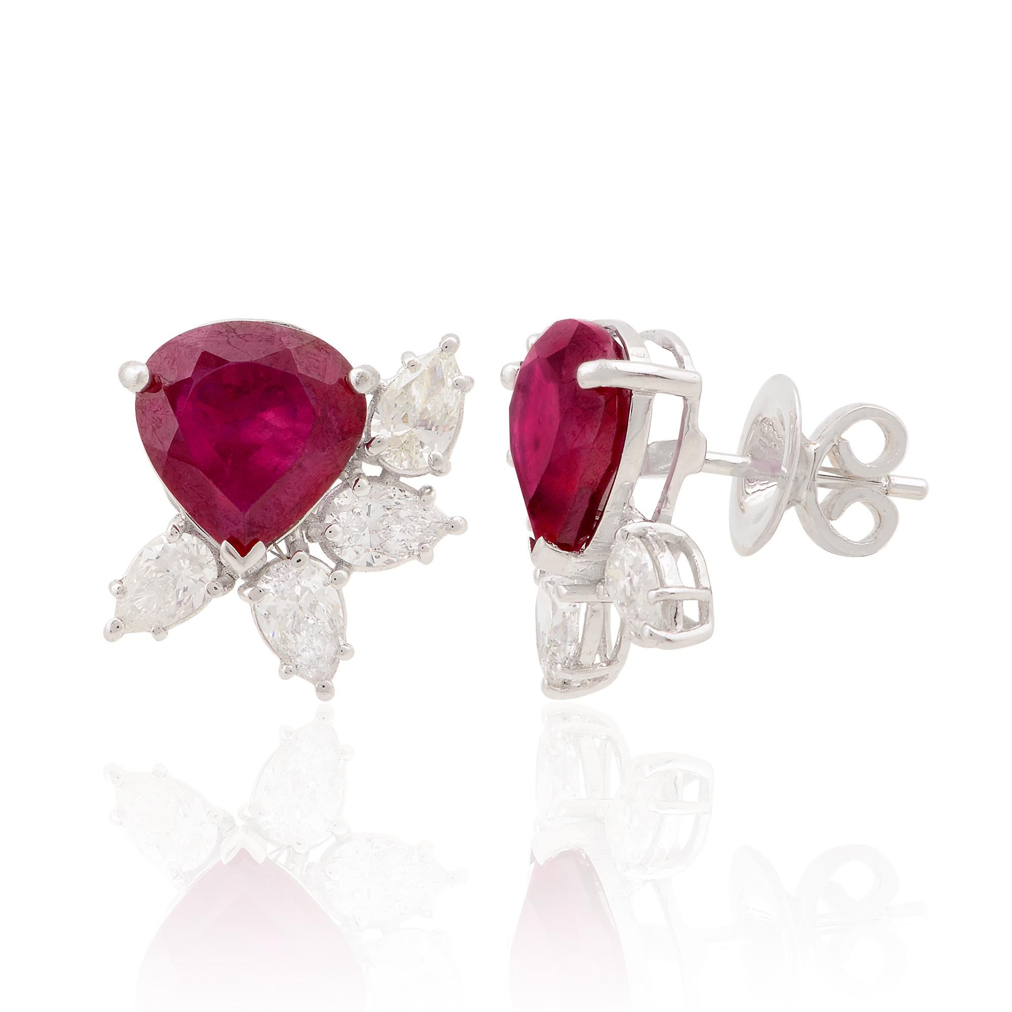Modern Pear Red Gemstone Stud Earrings SI/H Diamond 14k White Gold Handmade Jewelry For Sale