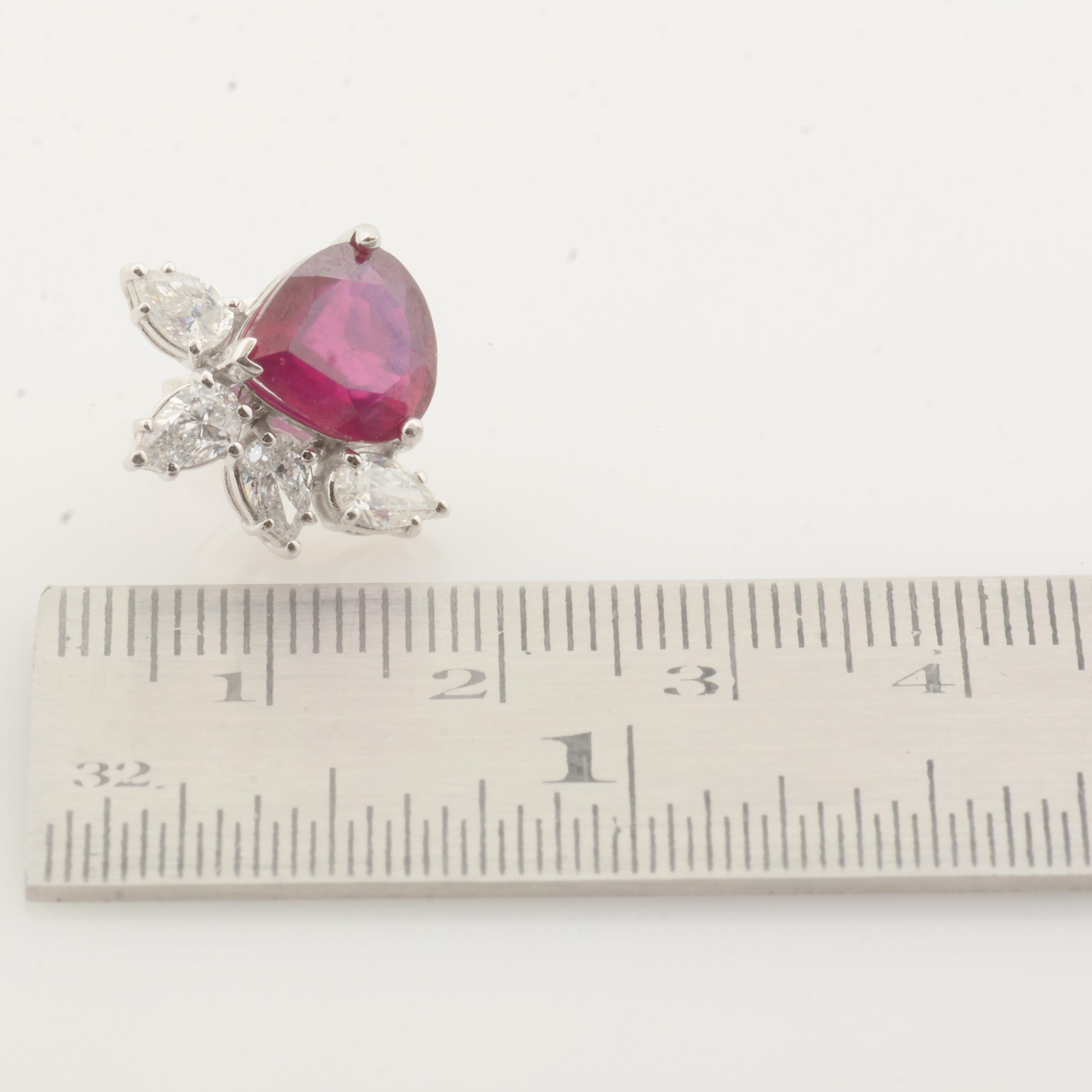 Pear Cut Pear Red Gemstone Stud Earrings SI/H Diamond 14k White Gold Handmade Jewelry For Sale
