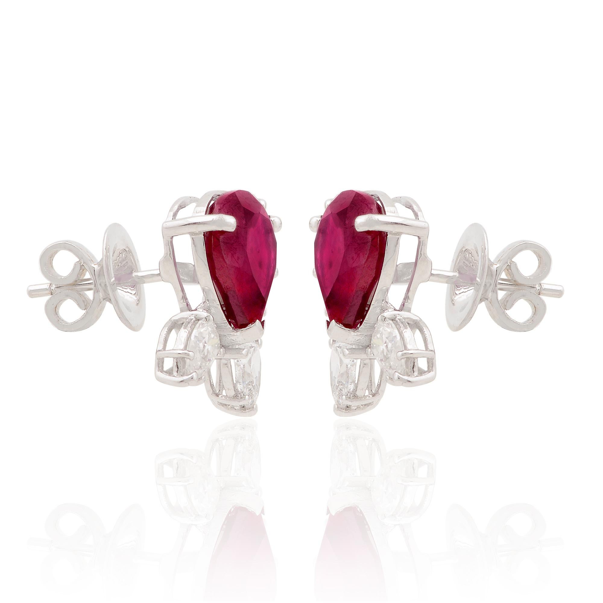 Pear Red Gemstone Stud Earrings SI/H Diamond 14k White Gold Handmade Jewelry In New Condition For Sale In Diera, Dubai