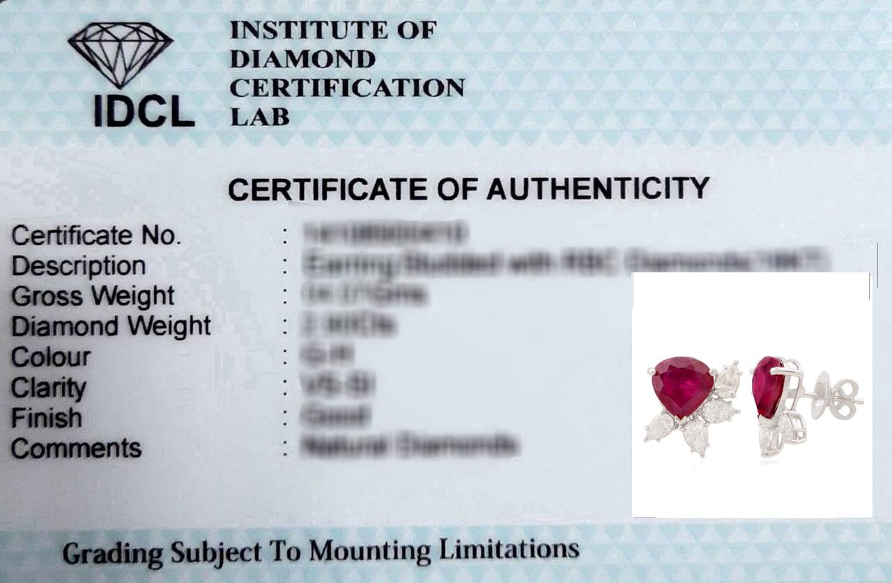 Women's Pear Red Gemstone Stud Earrings SI/H Diamond 14k White Gold Handmade Jewelry For Sale