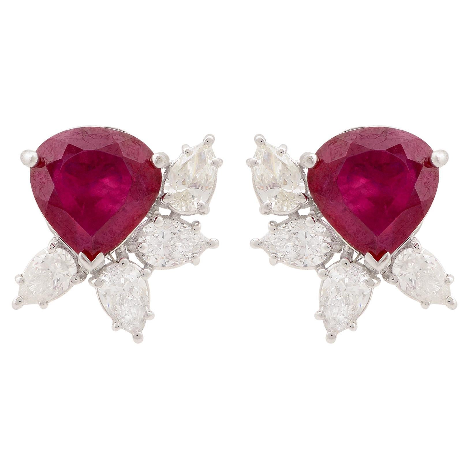 Pear Red Gemstone Stud Earrings SI/H Diamond 14k White Gold Handmade Jewelry