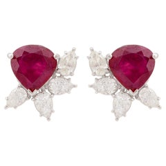 Pear Red Gemstone Stud Earrings SI/H Diamond 14k White Gold Handmade Jewelry
