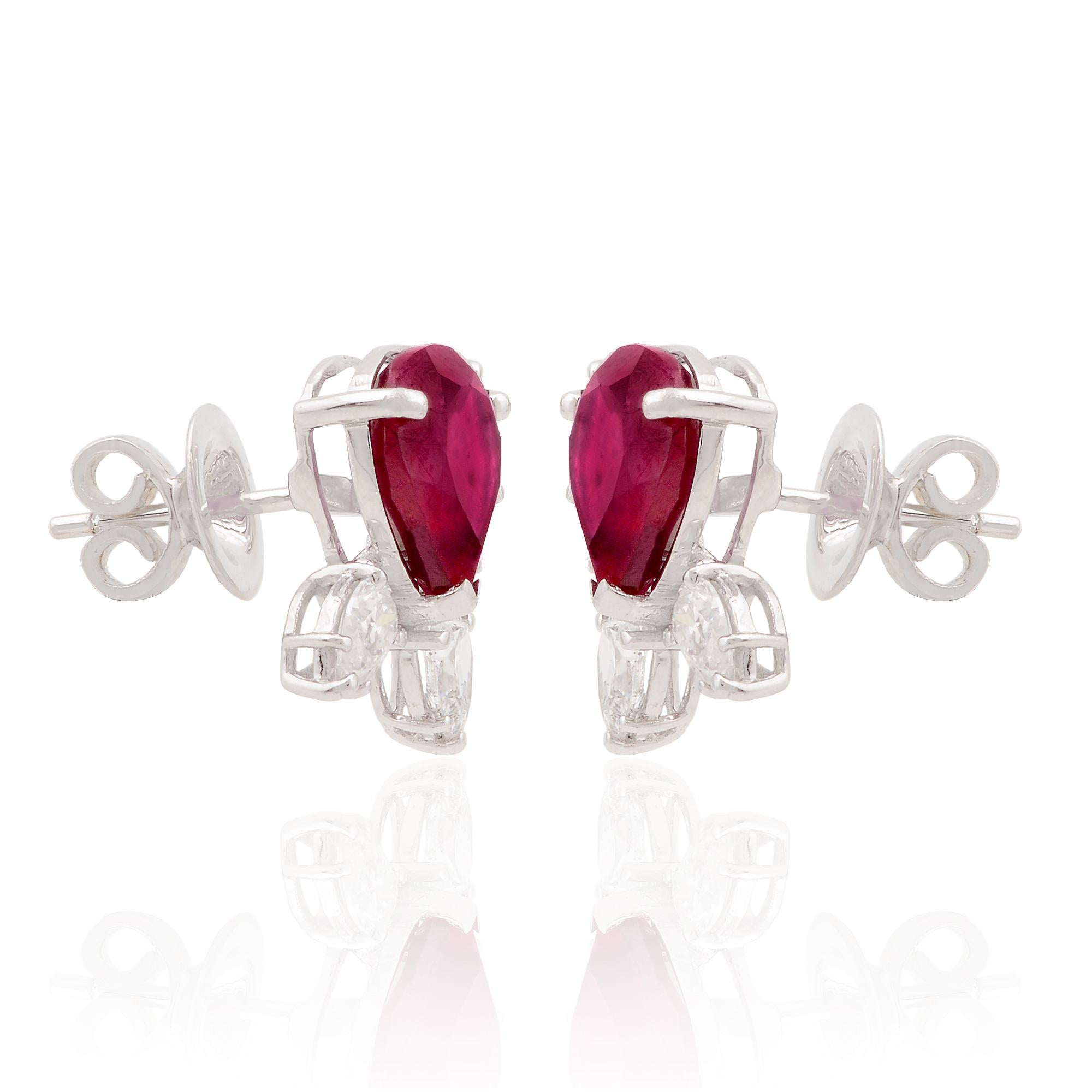 Women's Pear Red Processed Gemstone Stud Earrings Diamond 14k White Gold Fine Jewelry For Sale