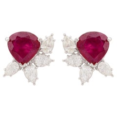 Pear Red Processed Gemstone Stud Earrings Diamond 14k White Gold Fine Jewelry