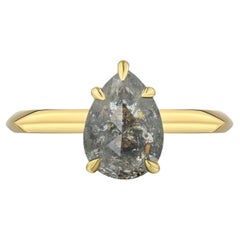 Pear Rose Cut Salt-and-Pepper Diamond Yellow Gold Engagement Ring, 1.74 Carat