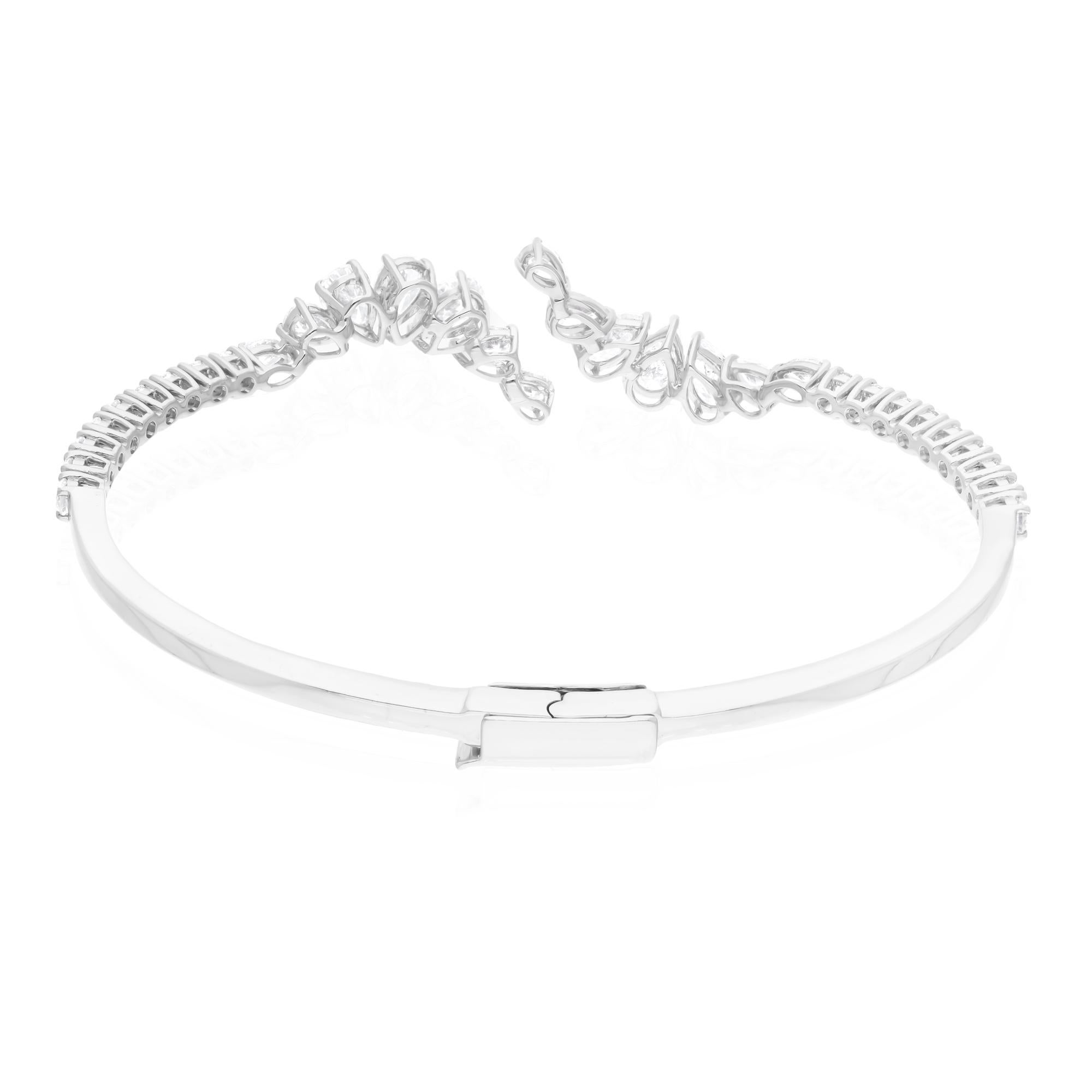 Modern Pear Round 3.87 Ct SI/H Natural Diamond Open Cuff Bracelet 14k White Gold For Sale
