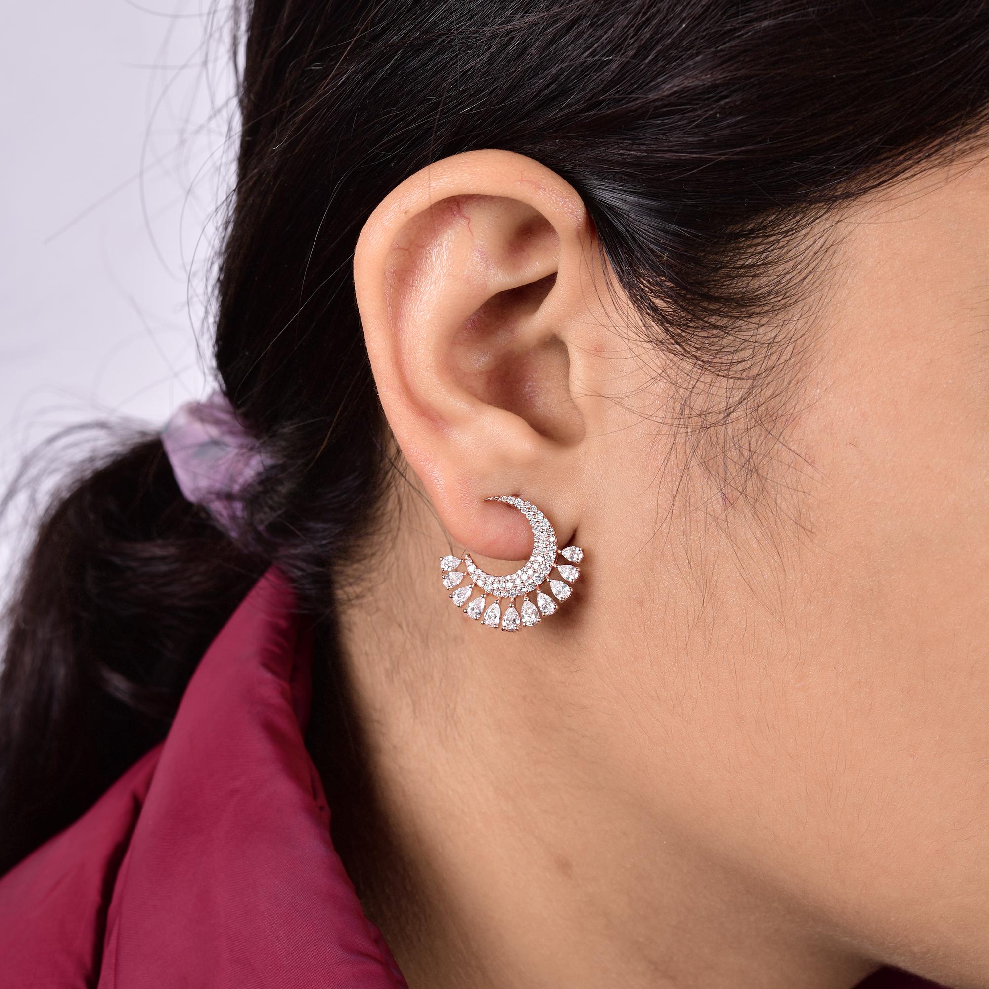 Modern Pear & Round Diamond Crescent Moon Earrings 14 Karat Rose Gold Handmade Jewelry For Sale