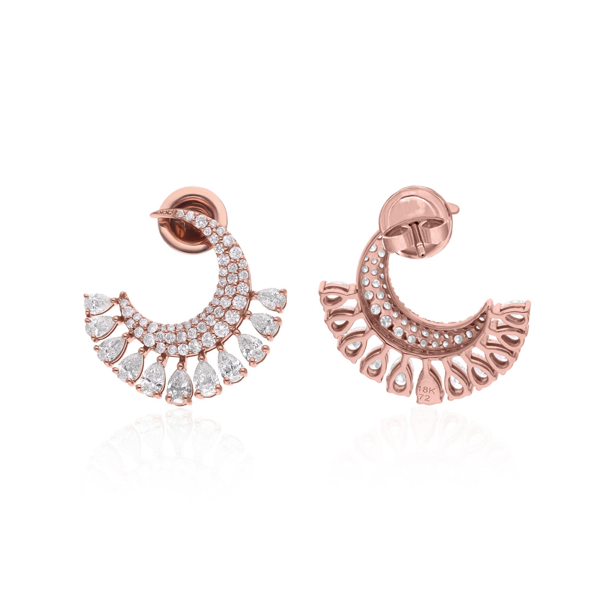 Pear Cut Pear & Round Diamond Crescent Moon Earrings 14 Karat Rose Gold Handmade Jewelry For Sale