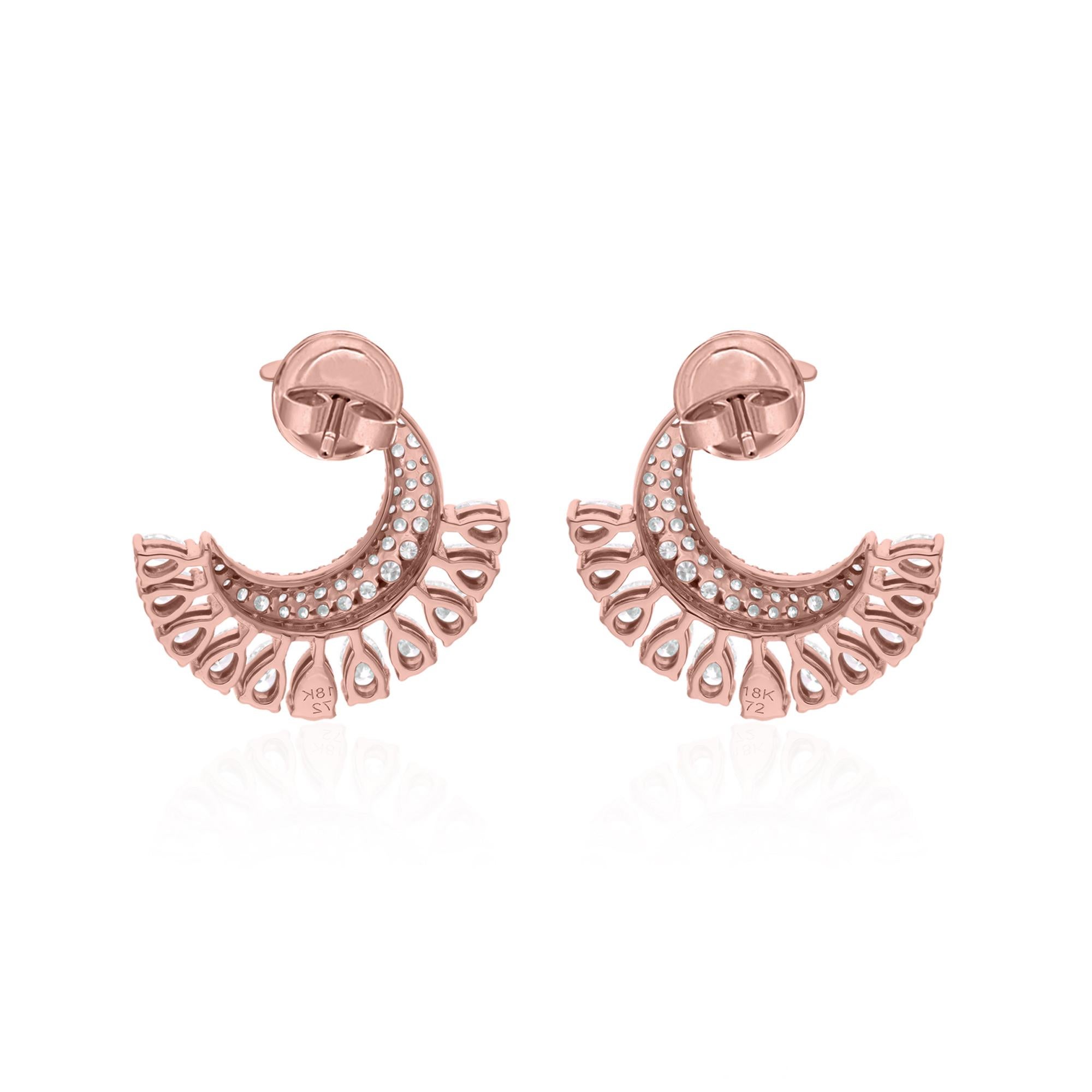 Women's Pear & Round Diamond Crescent Moon Earrings 14 Karat Rose Gold Handmade Jewelry For Sale