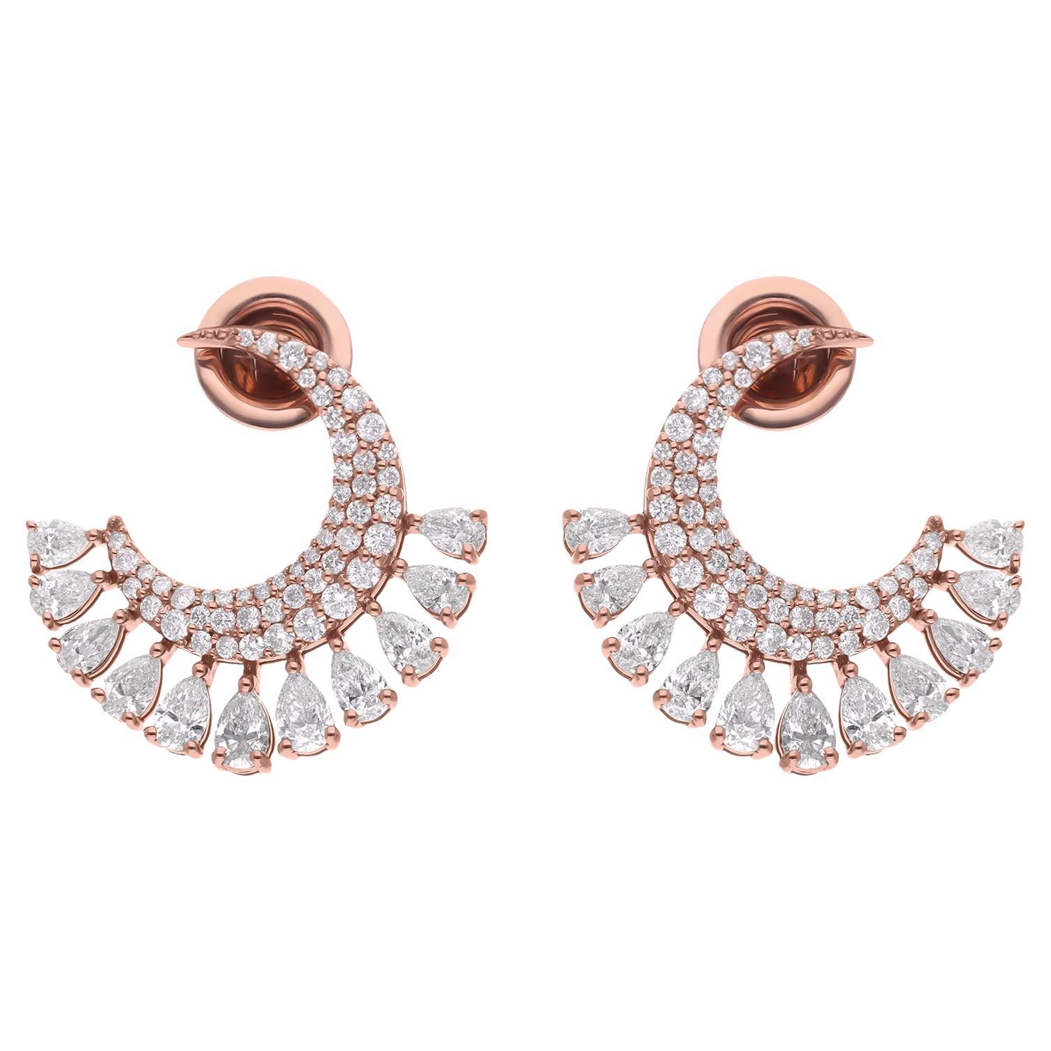 Pear & Round Diamond Crescent Moon Earrings 14 Karat Rose Gold Handmade Jewelry For Sale