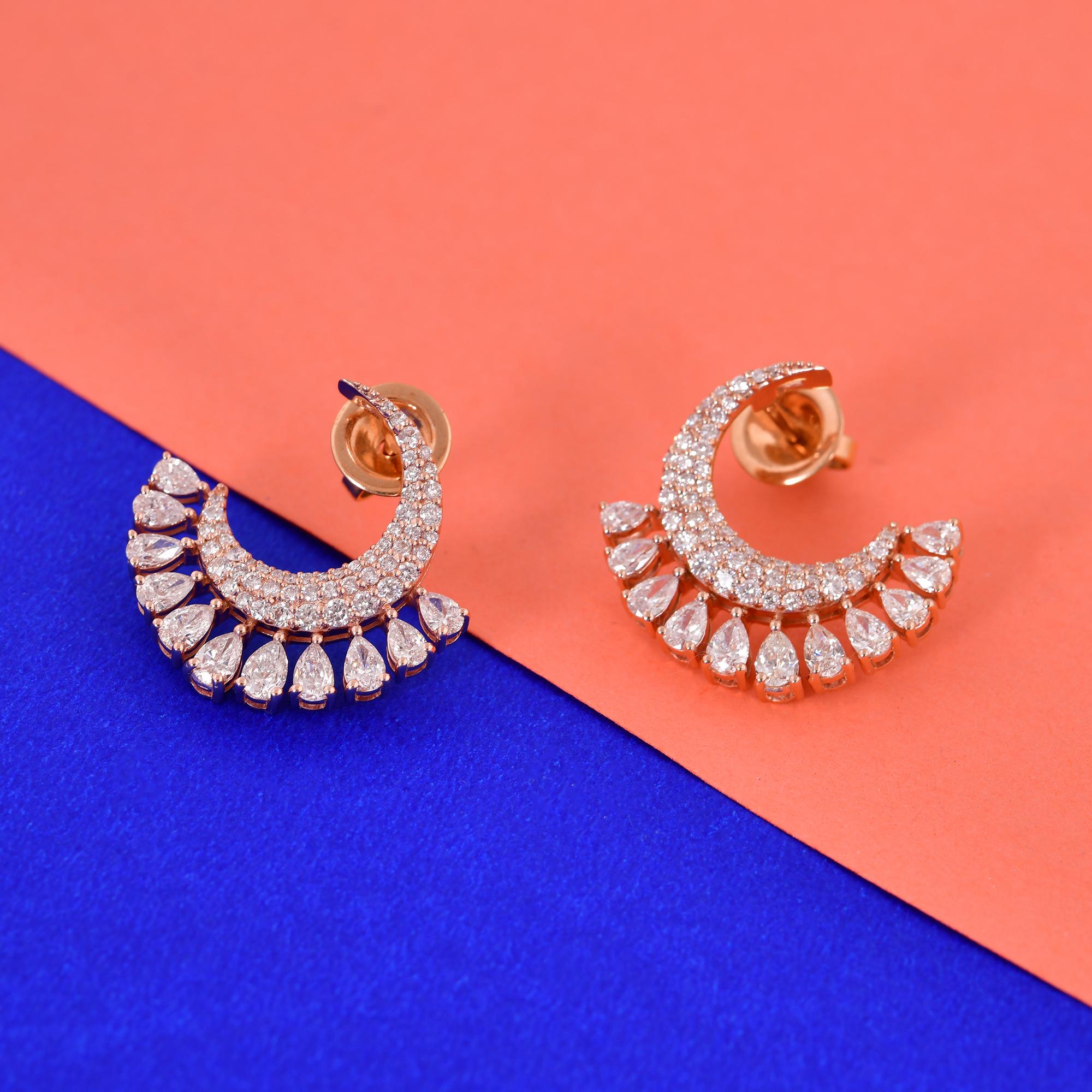Modern Pear & Round Diamond Crescent Moon Earrings 18 Karat Rose Gold Handmade Jewelry For Sale