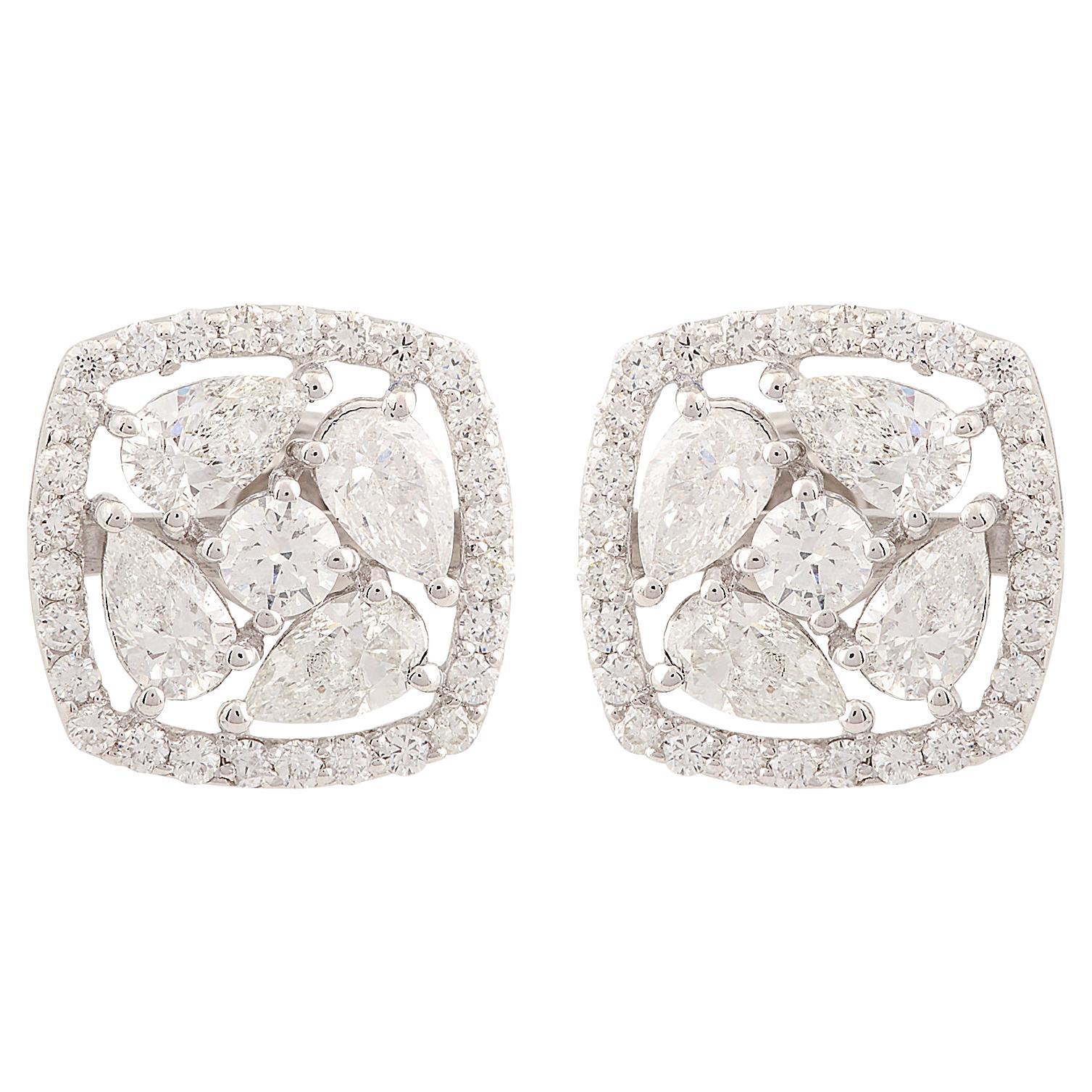 Boucles d'oreilles en forme de poire, diamant rond et coussin en or blanc 18 carats.