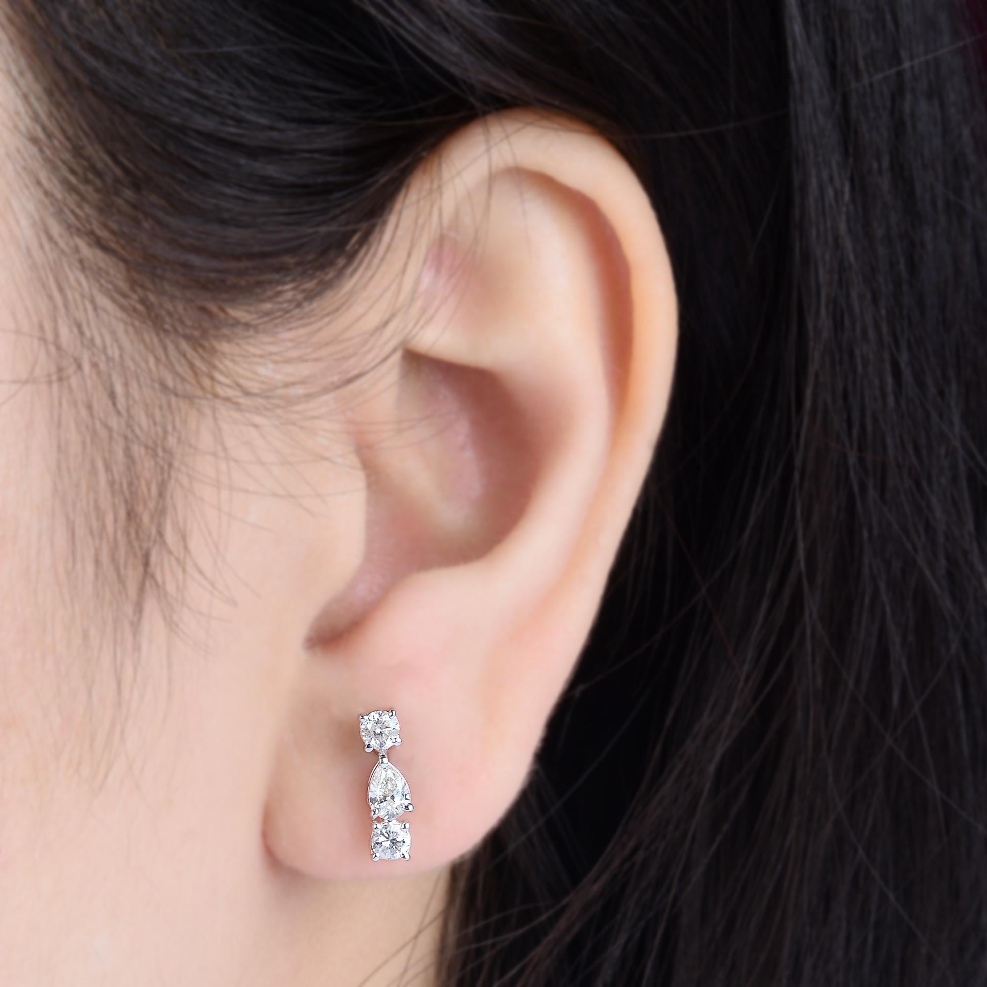 Pear Cut Pear & Round Diamond Dangle Earrings 18 Karat White Gold Handmade Fine Jewelry For Sale