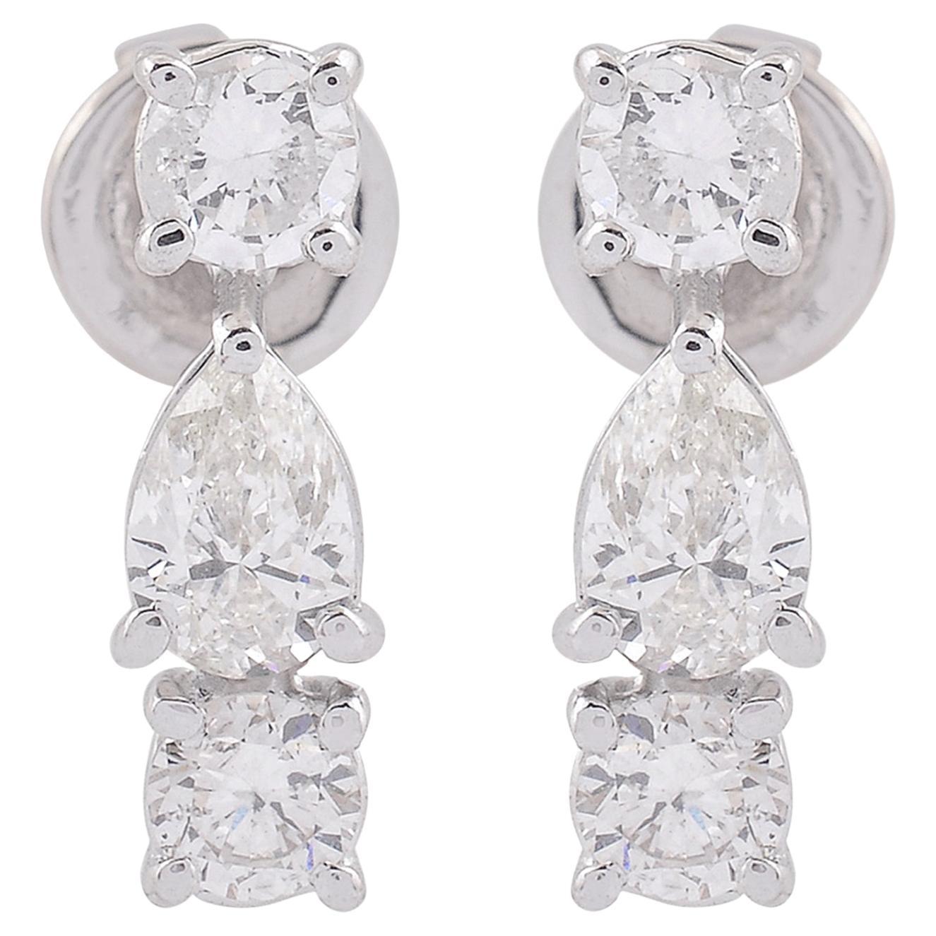 Pear & Round Diamond Dangle Earrings 18 Karat White Gold Handmade Fine Jewelry For Sale