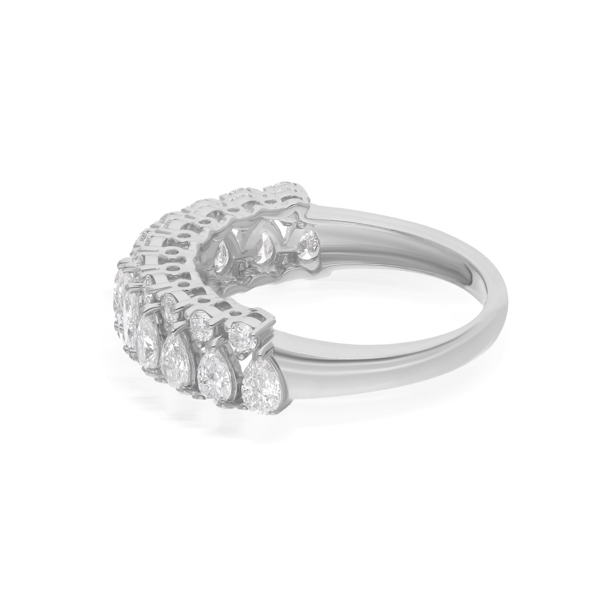 The ring features a captivating combination of pear and round diamonds, meticulously set in a half-band design. Each diamond showcases SI clarity and HI color, ensuring a mesmerizing brilliance that catches the light with every movement. The