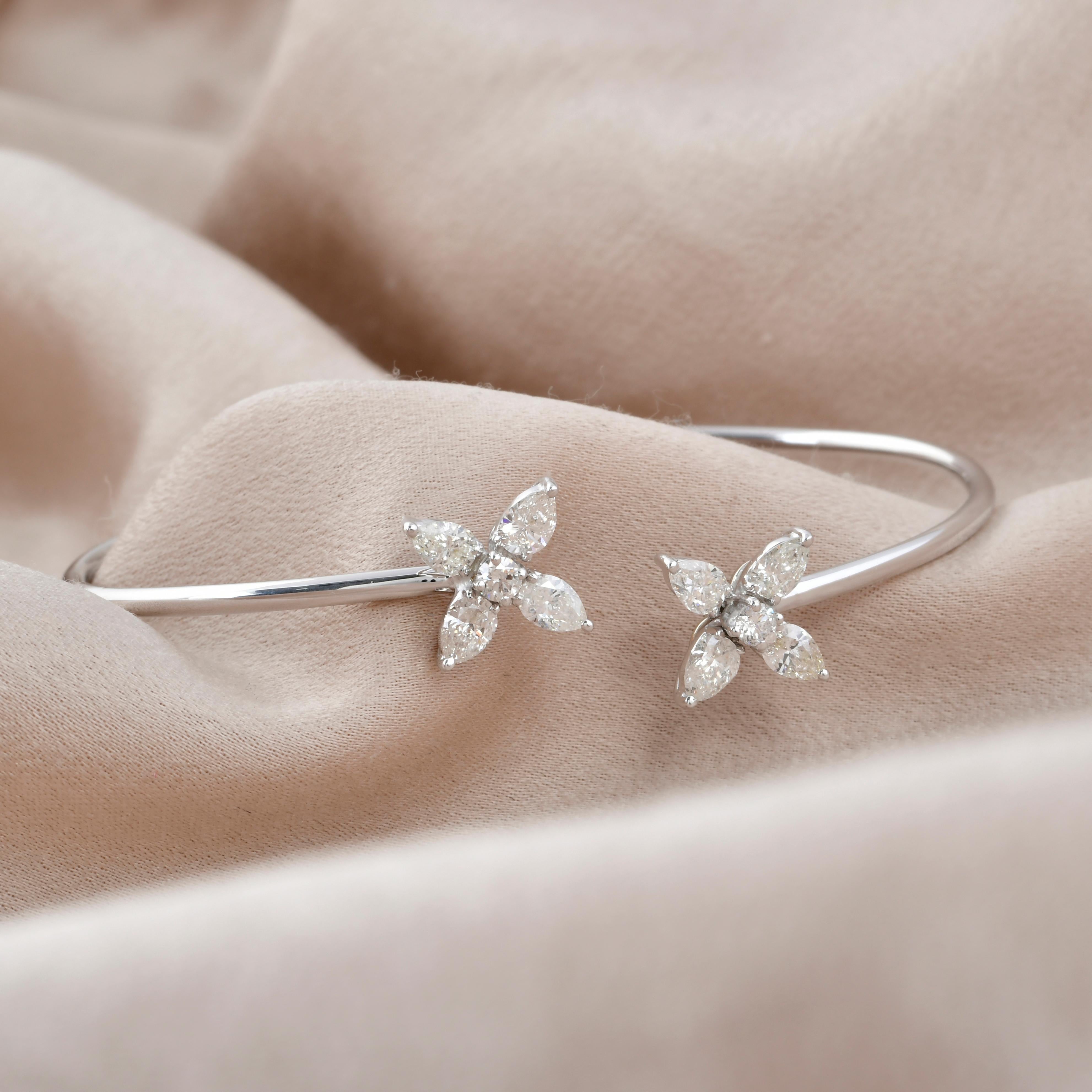 Pear Cut Pear Round SI/H 1.34Ct Natural Diamond Floral Open Cuff Bracelet 14k White Gold For Sale