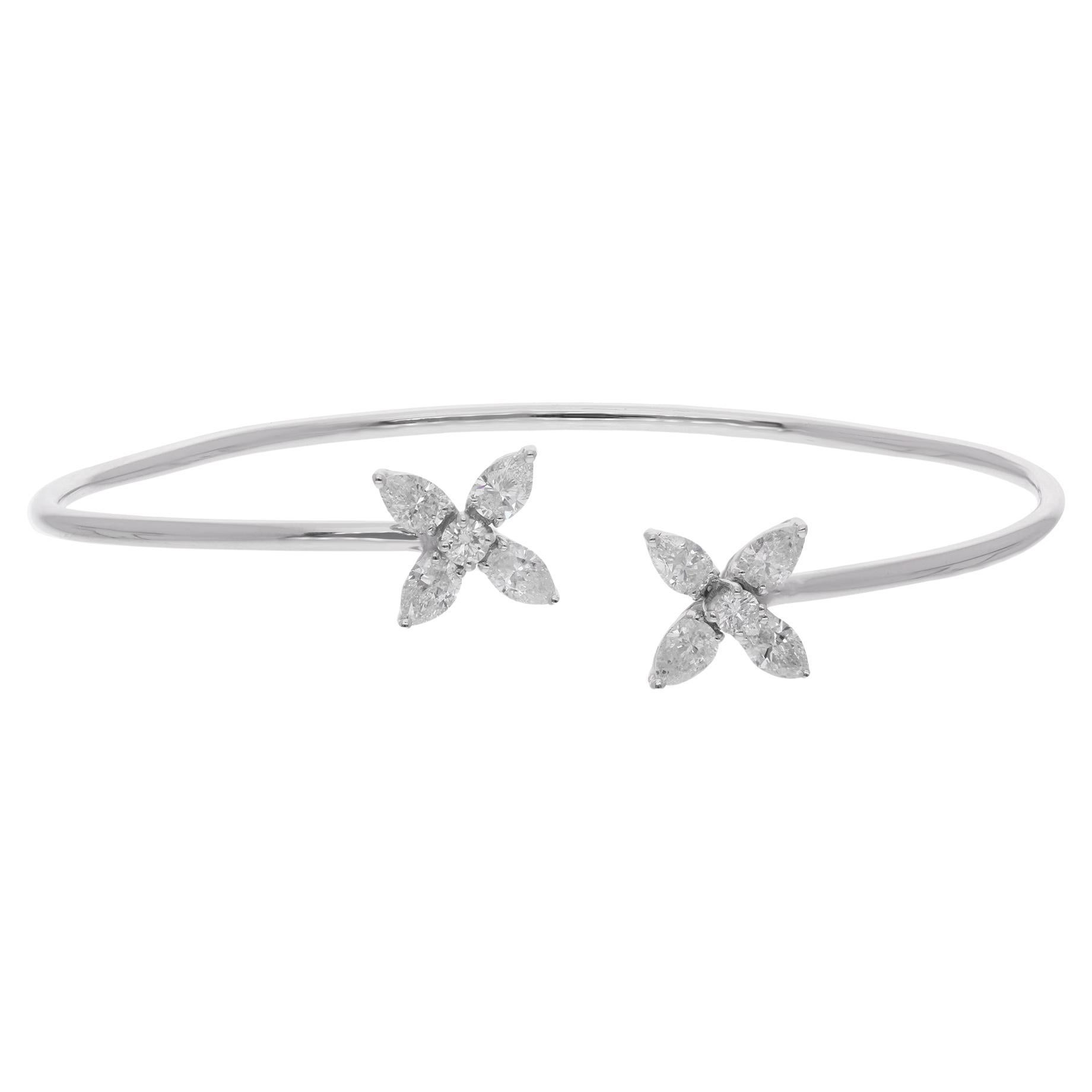 Pear Round SI/H 1.34Ct Natural Diamond Floral Open Cuff Bracelet 14k White Gold For Sale