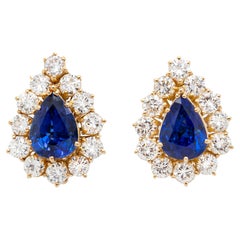 Pear Royal Blue Sapphire and Diamond Cluster 18 Carat Yellow Gold Stud Earrings