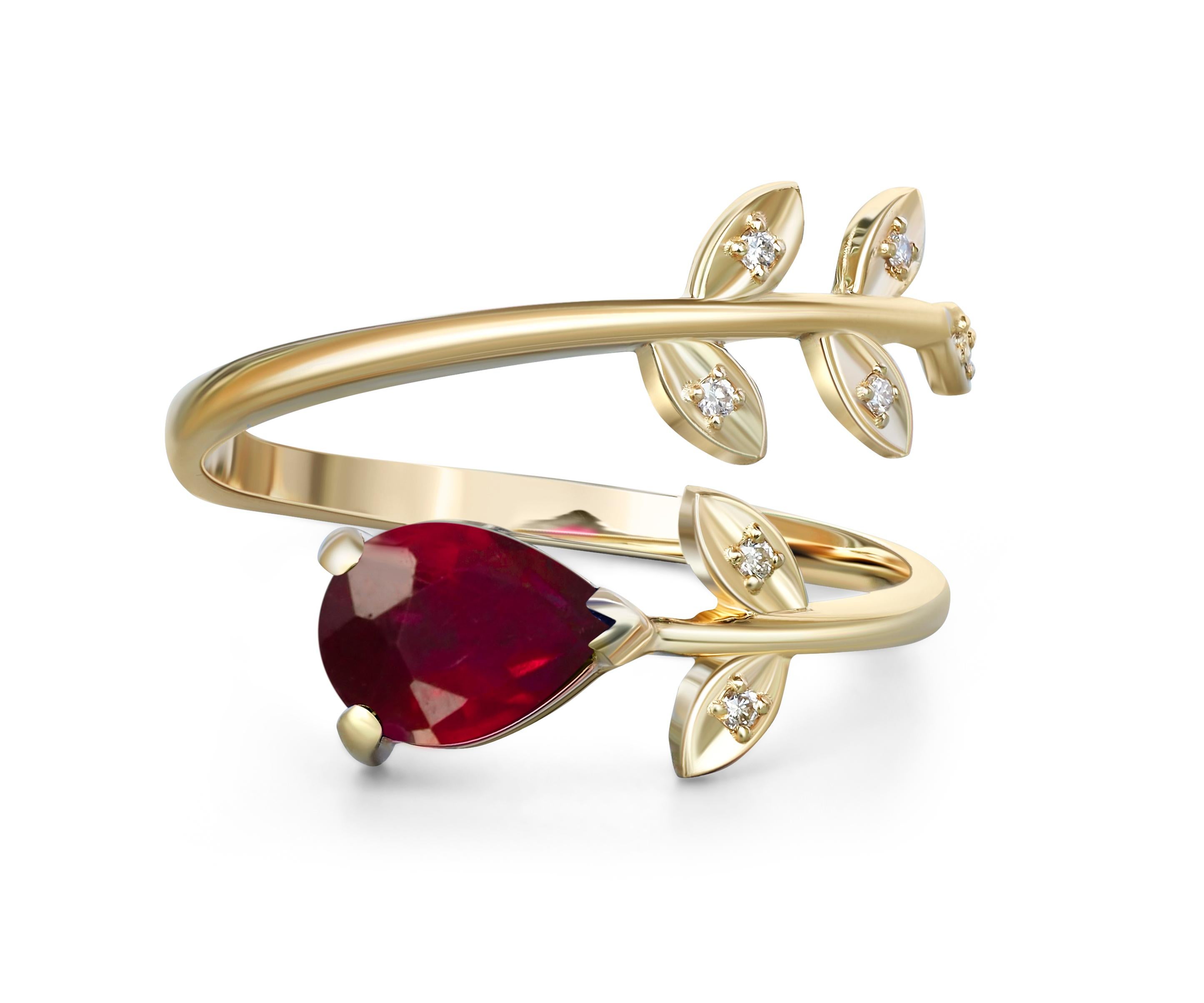 Pear ruby 14k gold ring. 
Ruby gold ring. Genuine ruby ring. Gold leaves ring. Ruby berry ring. Floral gold ring. Delicate gold ring.

Metal: 14 k gold
Weight: 2 g. depends from size.

Set with ruby: pear shape, approx 0.8 ct, red color.
Clarity:
