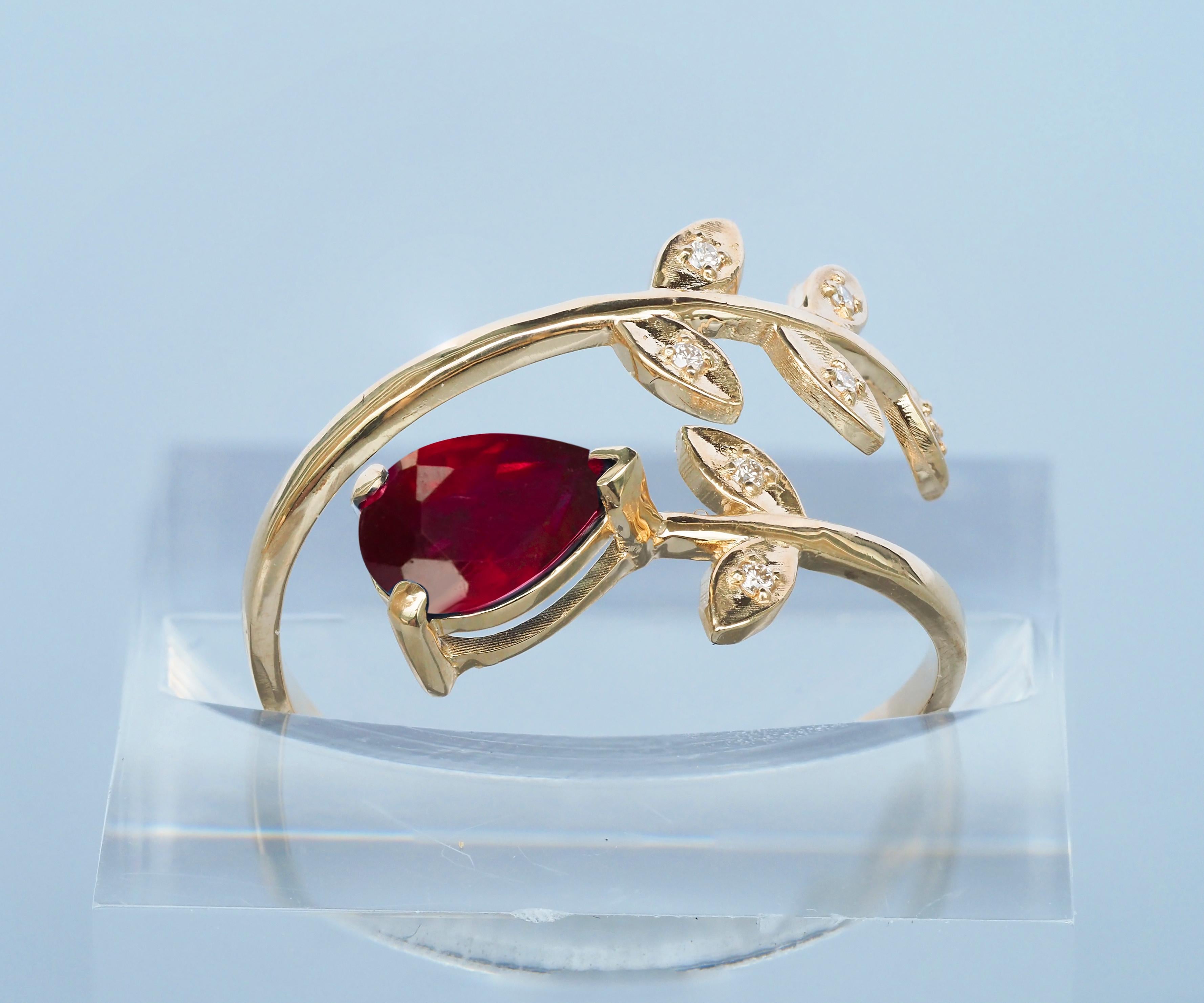 Pear Cut Pear ruby 14k gold ring.  For Sale
