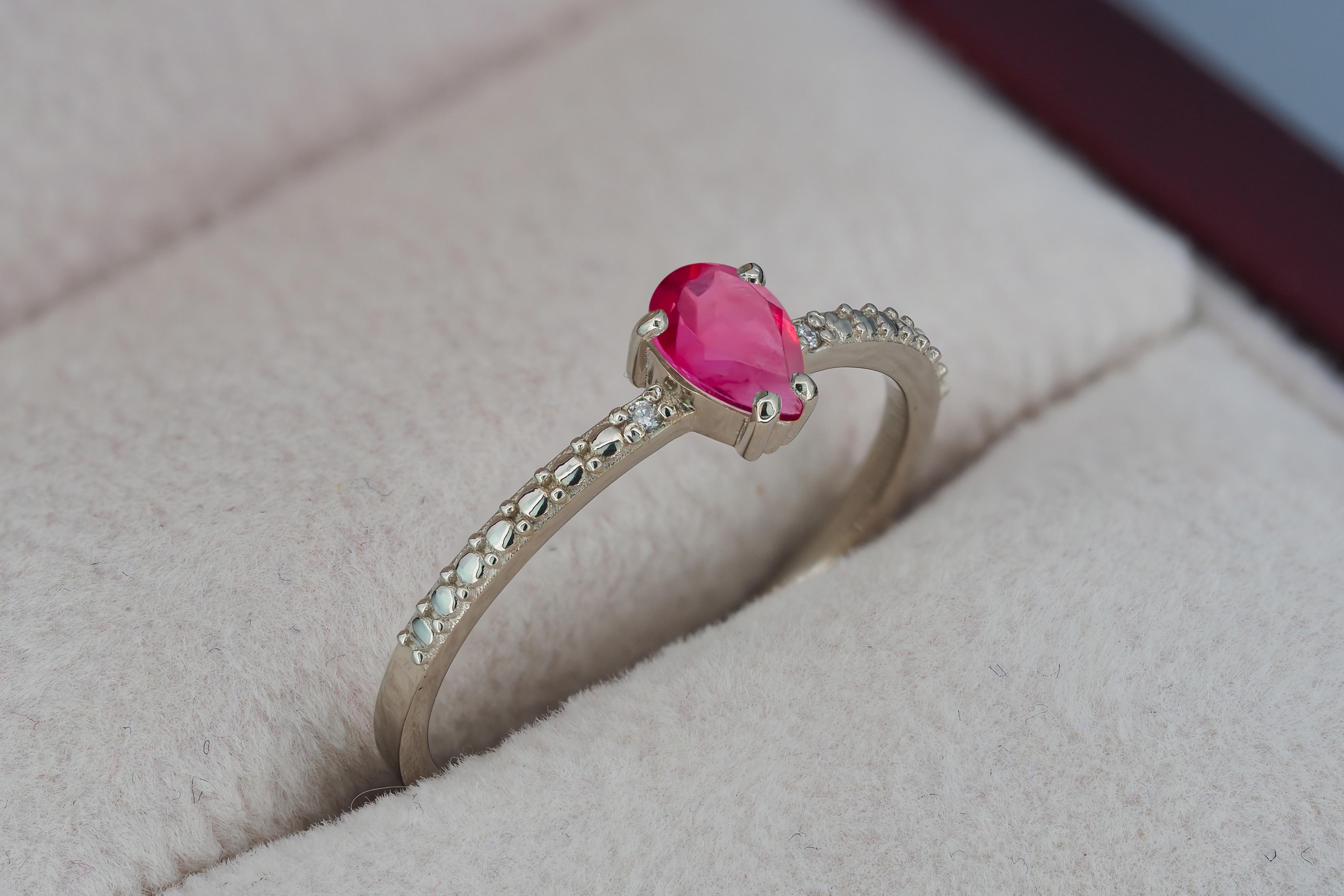 Pear Cut Pear ruby 14k gold ring. For Sale